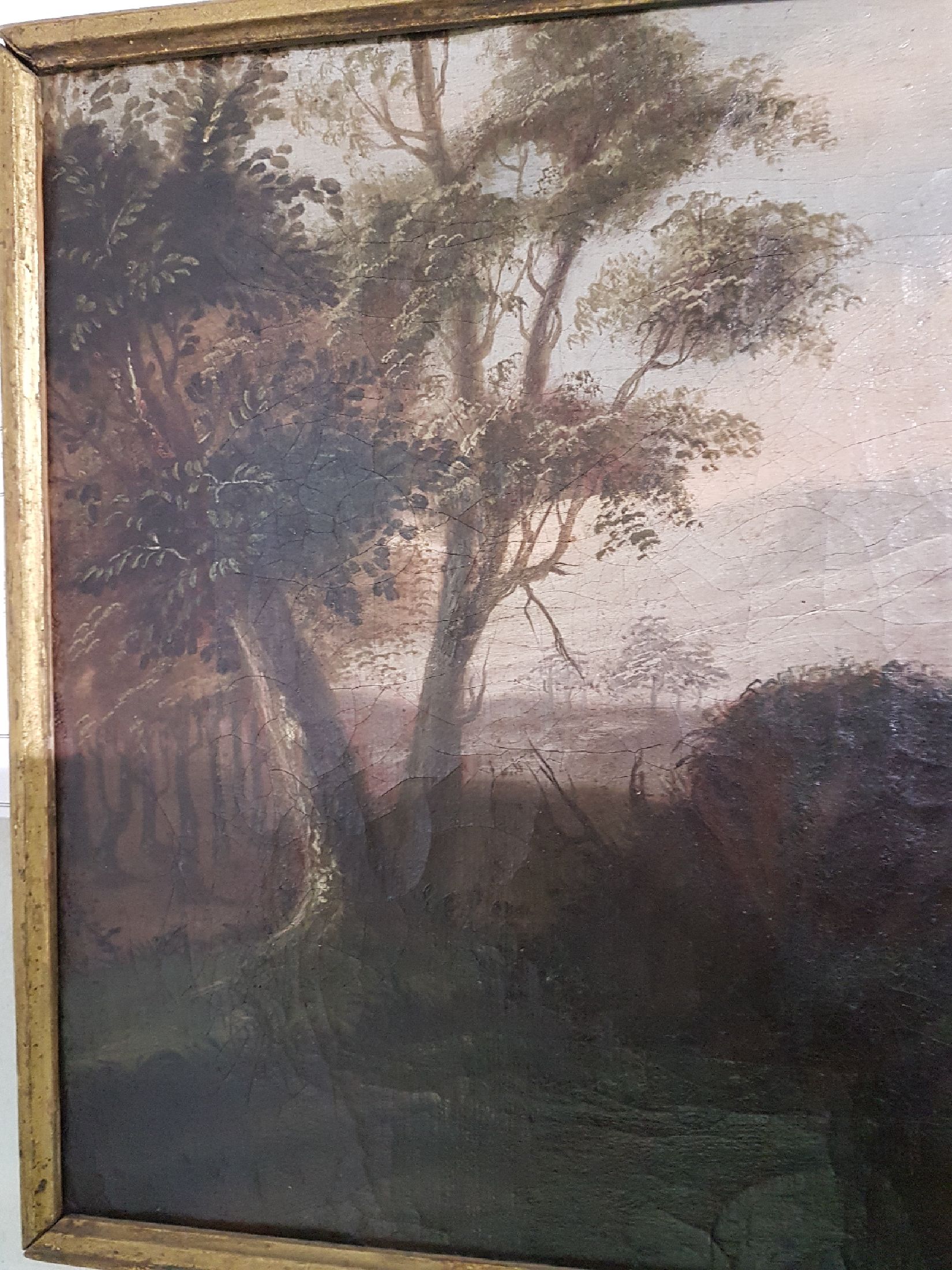 Detail a: Unbekannter Maler, süddeutsch, um 1760, weite idealisierte Landschaft mit Ruinen und Pavillon, vier römische Soldaten erhalten Brot von einer ...