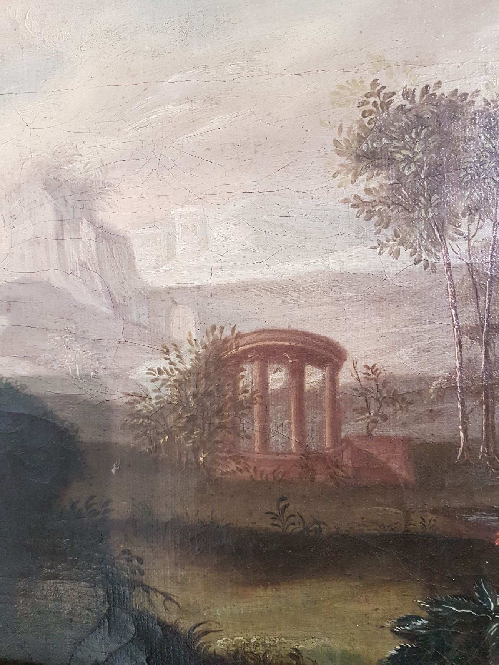 Detail b: Unbekannter Maler, süddeutsch, um 1760, weite idealisierte Landschaft mit Ruinen und Pavillon, vier römische Soldaten erhalten Brot von einer ...