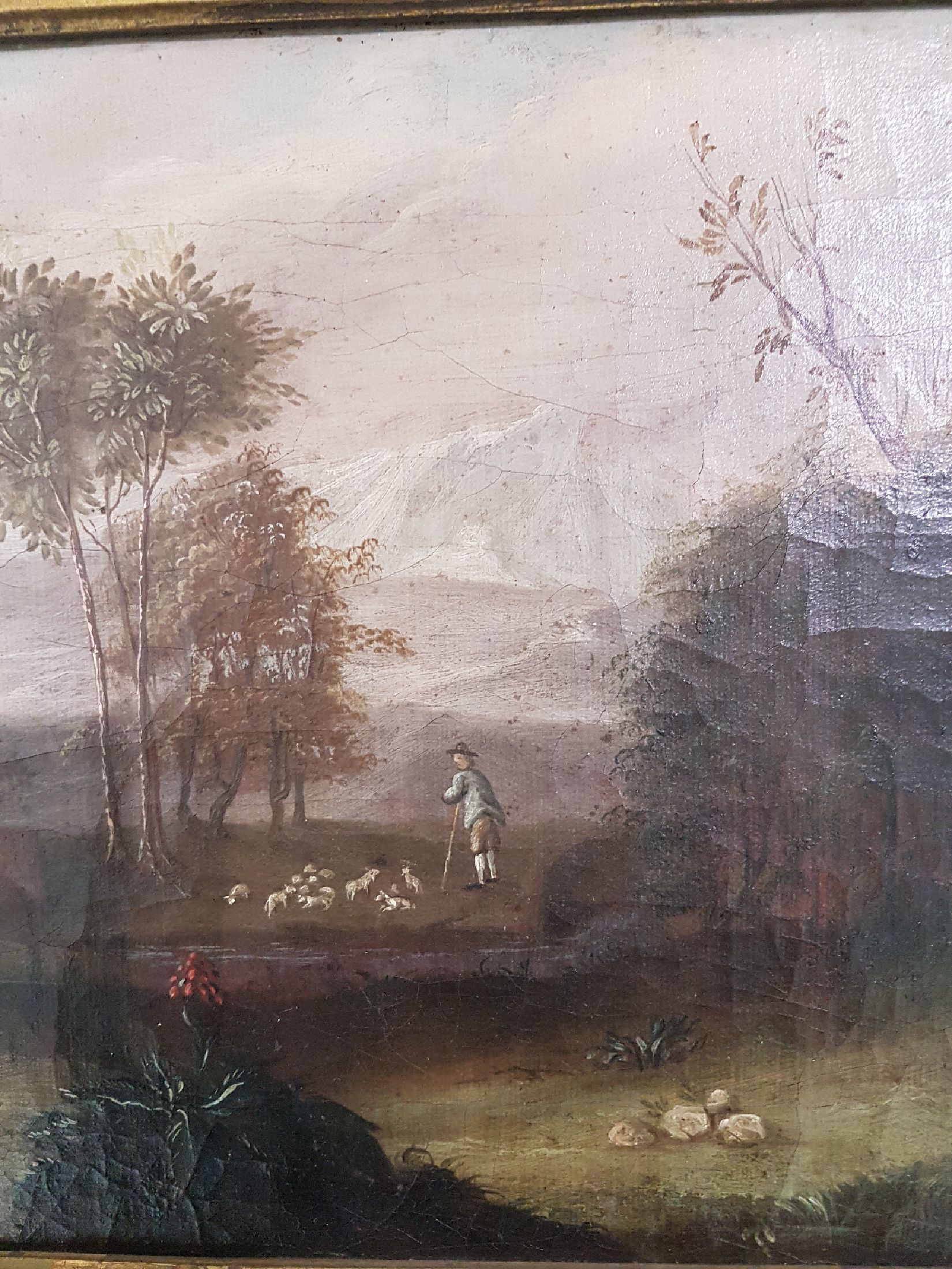 Detail c: Unbekannter Maler, süddeutsch, um 1760, weite idealisierte Landschaft mit Ruinen und Pavillon, vier römische Soldaten erhalten Brot von einer ...