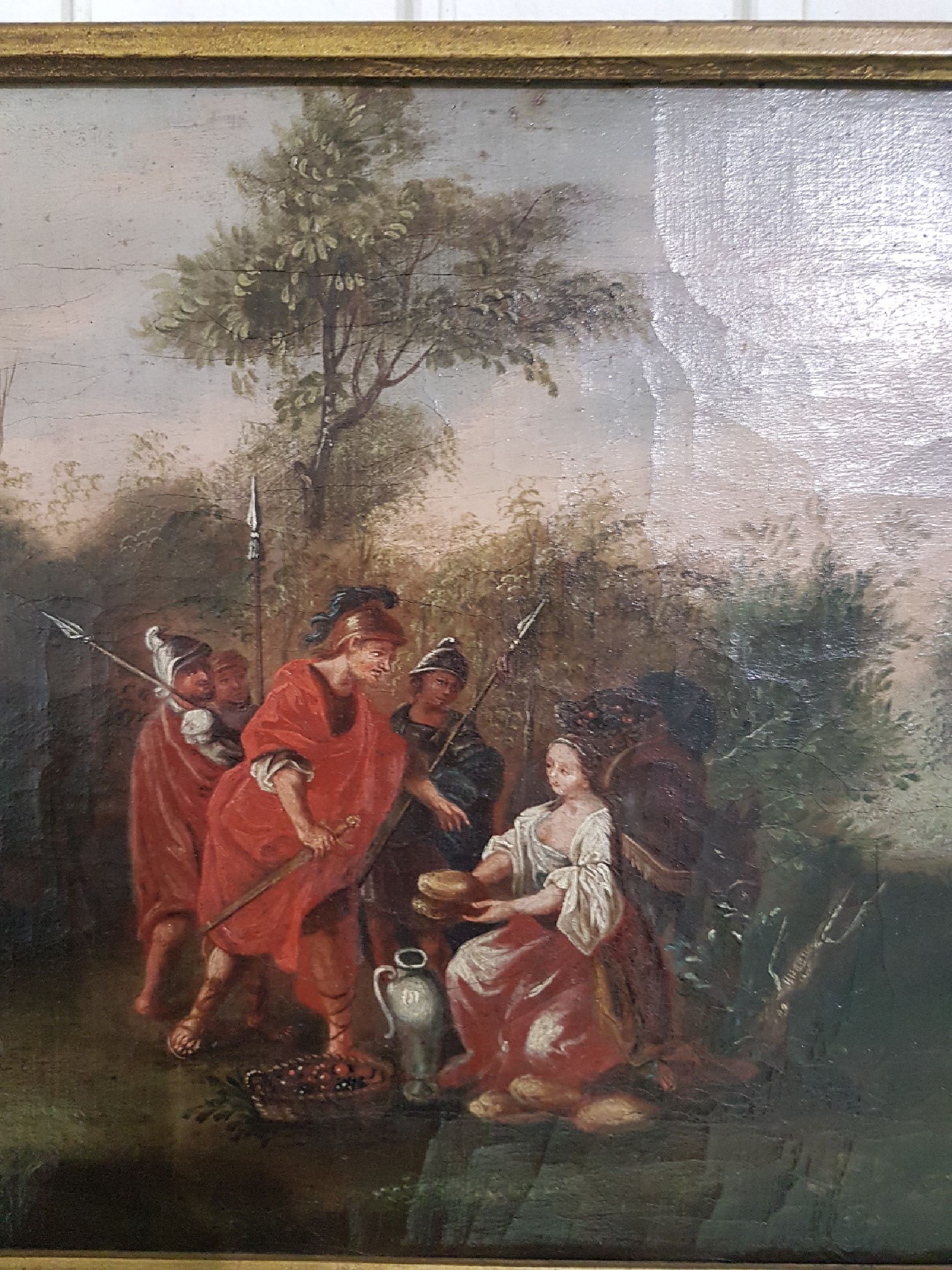 Detail d: Unbekannter Maler, süddeutsch, um 1760, weite idealisierte Landschaft mit Ruinen und Pavillon, vier römische Soldaten erhalten Brot von einer ...
