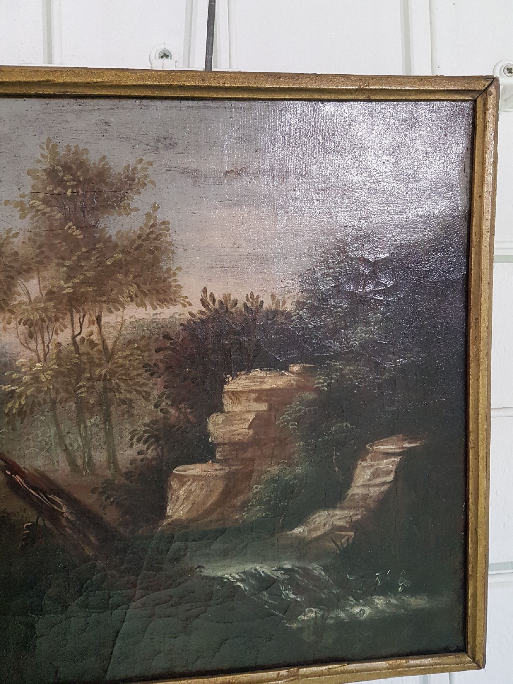 Detail e: Unbekannter Maler, süddeutsch, um 1760, weite idealisierte Landschaft mit Ruinen und Pavillon, vier römische Soldaten erhalten Brot von einer ...