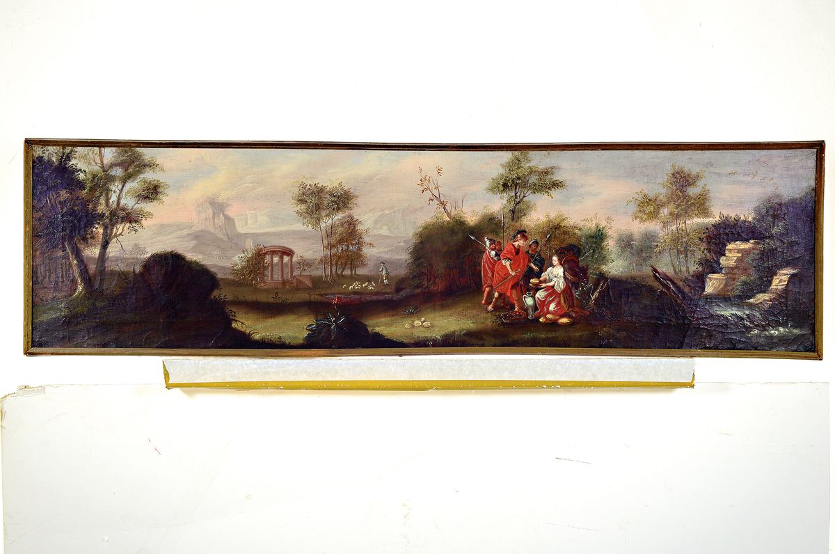 Detail k: Unbekannter Maler, süddeutsch, um 1760, weite idealisierte Landschaft mit Ruinen und Pavillon, vier römische Soldaten erhalten Brot von einer ...