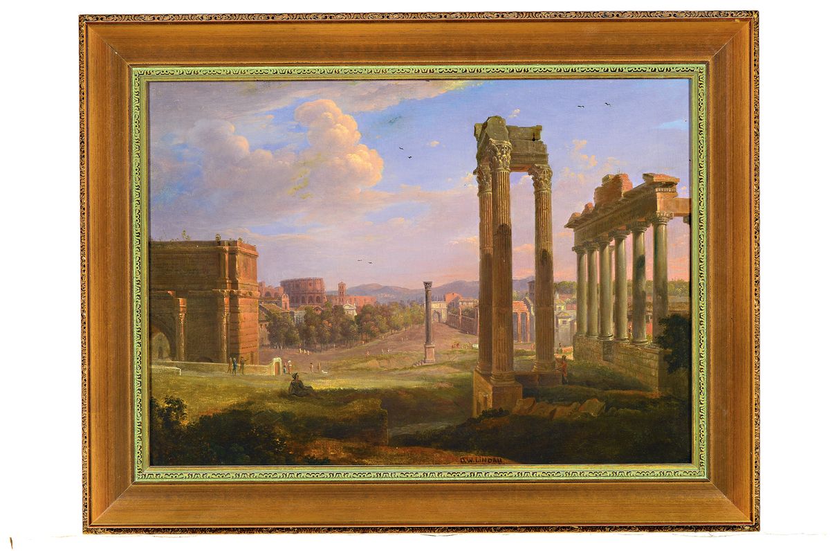 Detail k: Dietrich Wilhelm Lindau, 1799 Dresden-1862 Rom, Ruinenlandschaft in Rom, feine detailreiche Malerei, gekonnte Wiedergabe der Atmosphäre, Öl/Lwd, ...
