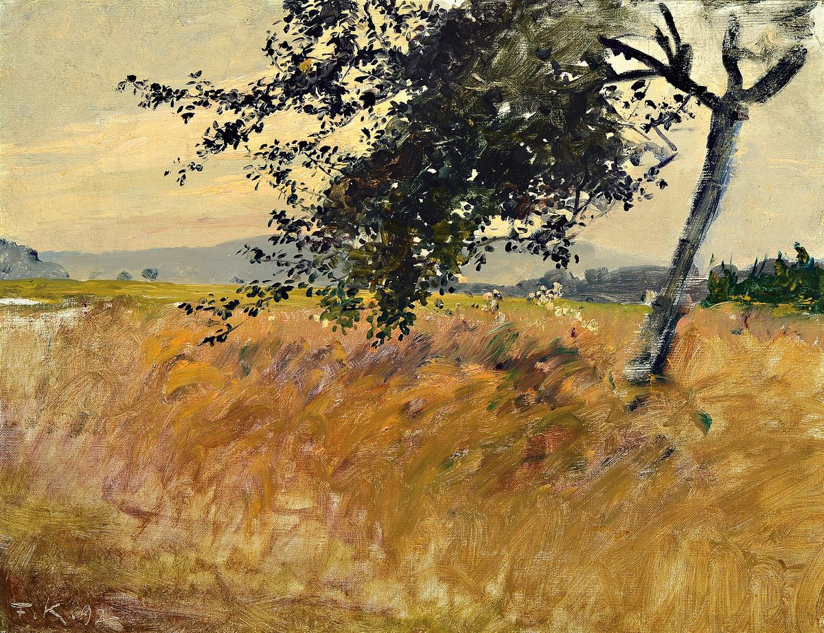 Friedrich Kallmorgen, 1856 Altona-1924 Grötzingen bei Karlsruhe, Baumstudie, knorriger Baum im Ährenfeld, Öl/Lwd, links unten monogr. F.K. 92, ca. ...
