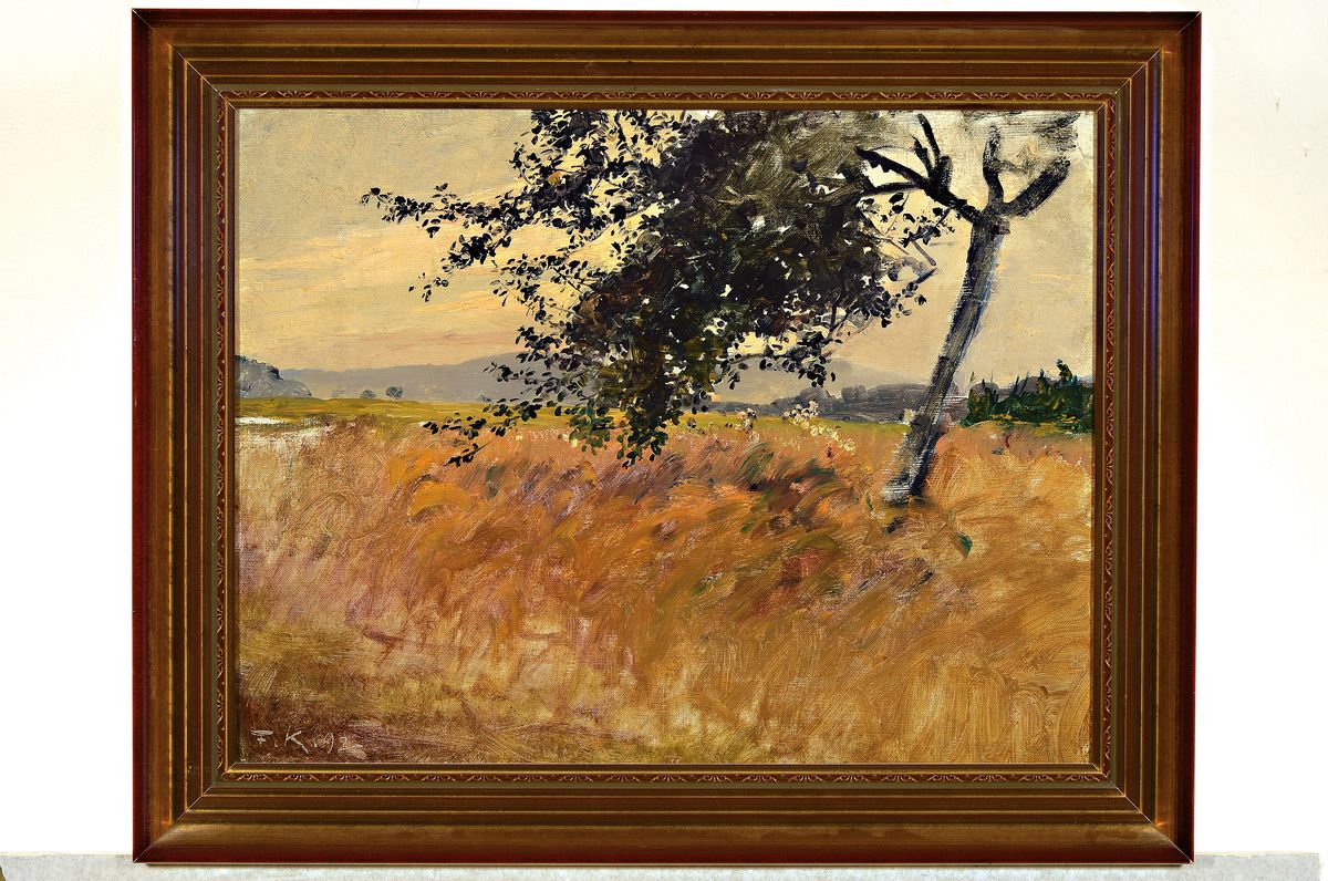 Detail k: Friedrich Kallmorgen, 1856 Altona-1924 Grötzingen bei Karlsruhe, Baumstudie, knorriger Baum im Ährenfeld, Öl/Lwd, links unten monogr. F.K. 92, ca. ...