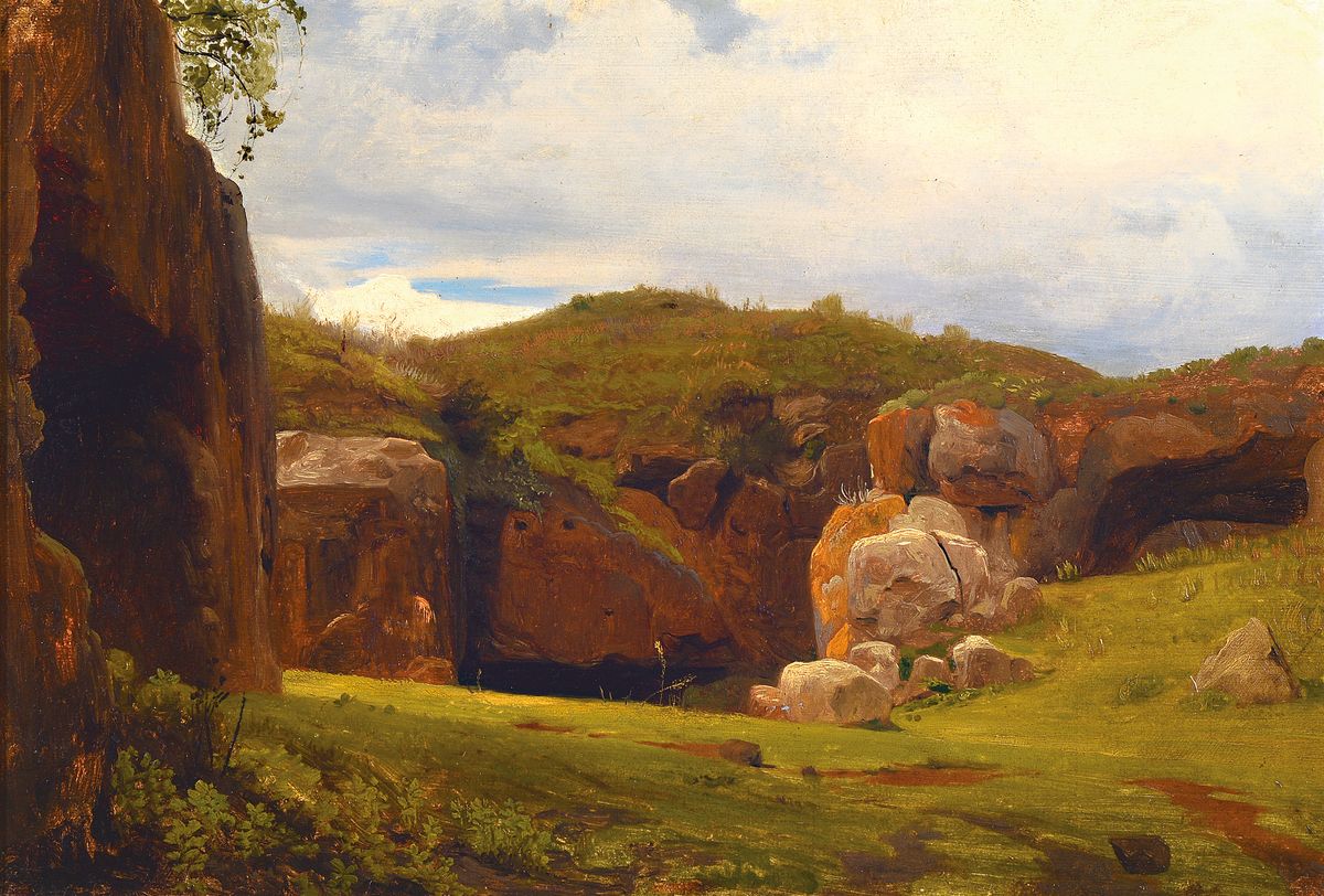 Zuschreibung: Johann Wilhelm Schirmer, 1807 Jülich-1863 Karlsruhe, Hügelige Landschaft mit Felsenhöhle, Öl/Malkarton, rückseitig beschriftet: ...