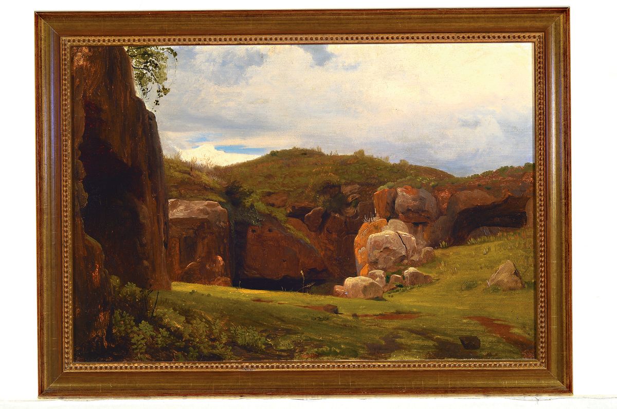 Detail k: Zuschreibung: Johann Wilhelm Schirmer, 1807 Jülich-1863 Karlsruhe, Hügelige Landschaft mit Felsenhöhle, Öl/Malkarton, rückseitig beschriftet: ...