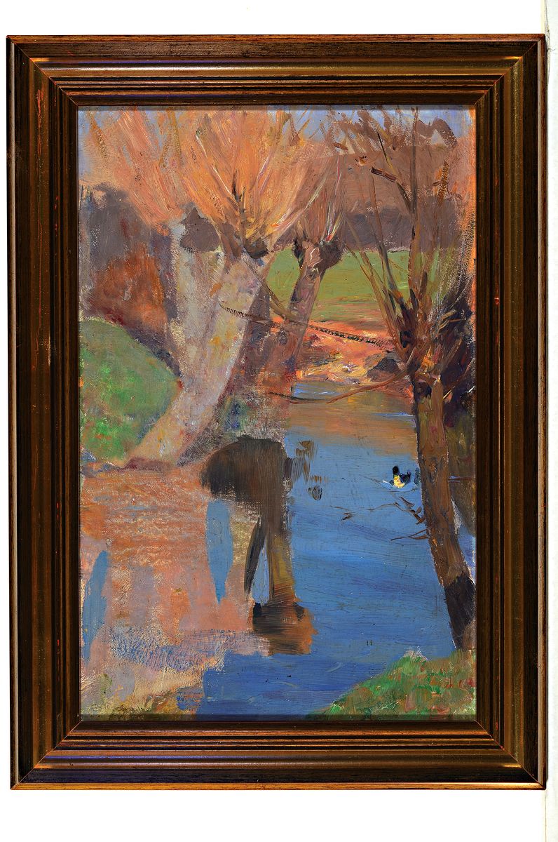Detail k: Gustav Kampmann, 1859 Boppard-1917 Bad Godesberg, 2 Arbeiten: 1) Kopfweiden am Bachlauf, Öl/Malkarton, links unten monogrammiert G.K., ca. 43x28cm, ...