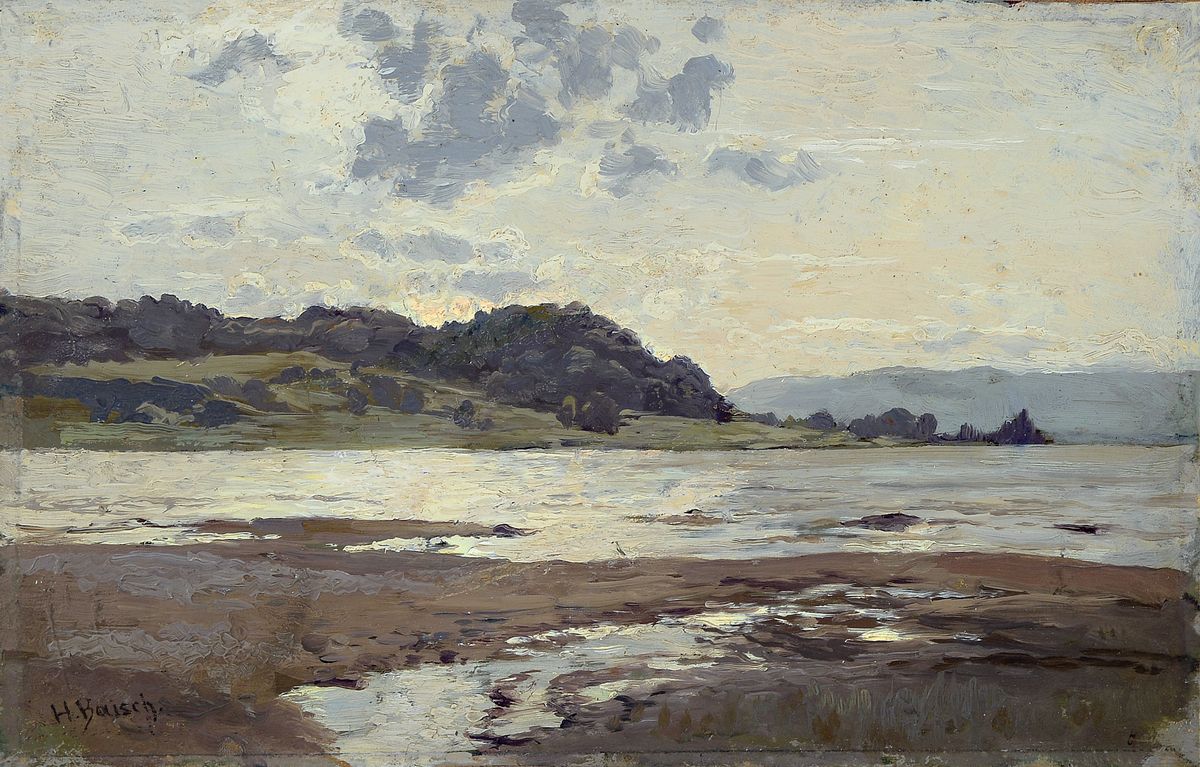 Hermann Baisch, 1846 Dresden-1894 Karlsruhe, weite Seeuferlandschaft, Öl/Malkarton, links unten signiert, ca. 27x42cm, PP, u.Gl., R. ca. 45x57cm