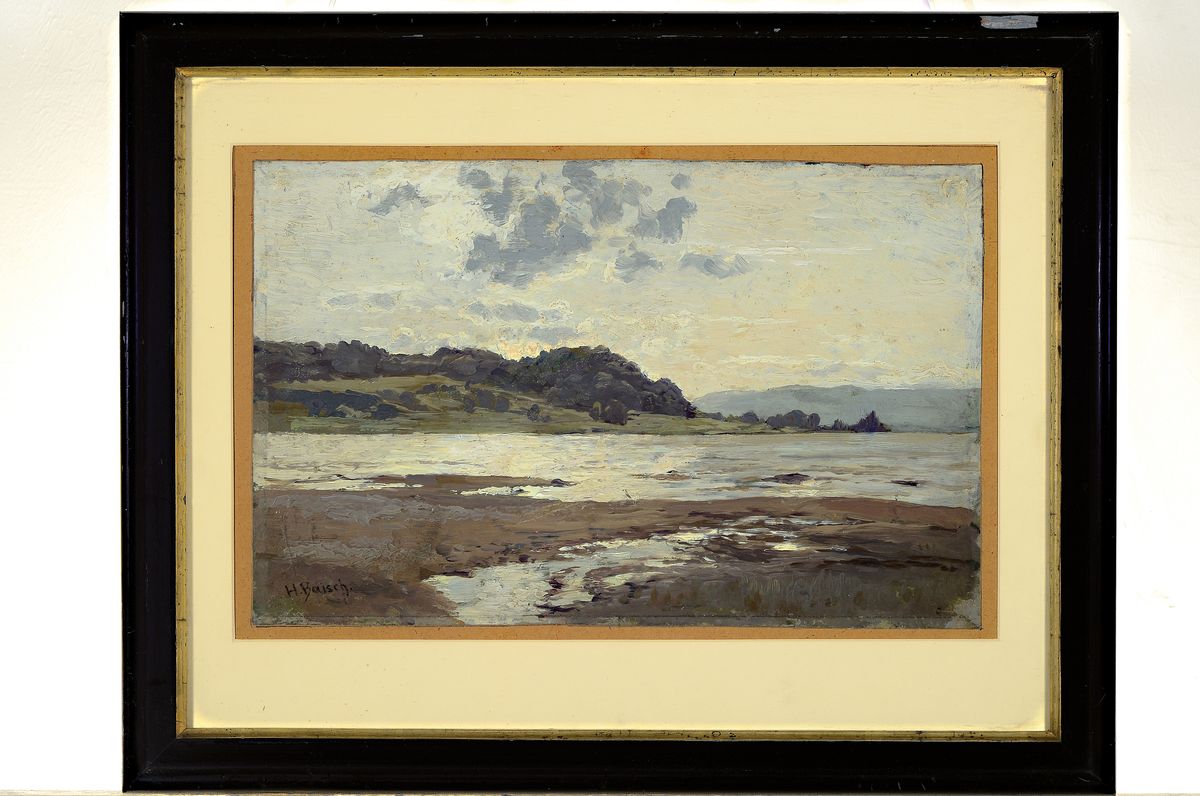 Detail k: Hermann Baisch, 1846 Dresden-1894 Karlsruhe, weite Seeuferlandschaft, Öl/Malkarton, links unten signiert, ca. 27x42cm, PP, u.Gl., R. ca. 45x57cm