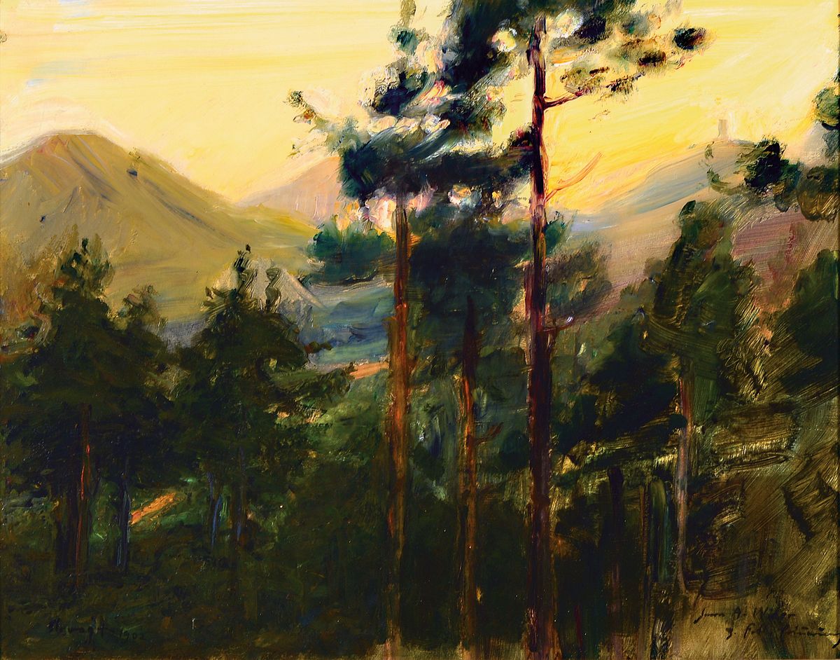 Max Slevogt, 1868 Landshut - 1932 Leinsweiler , Sonnenuntergang, Blick auf die Münz von Neukastel aus, Öl/Malkarton, links unten signiert und ...