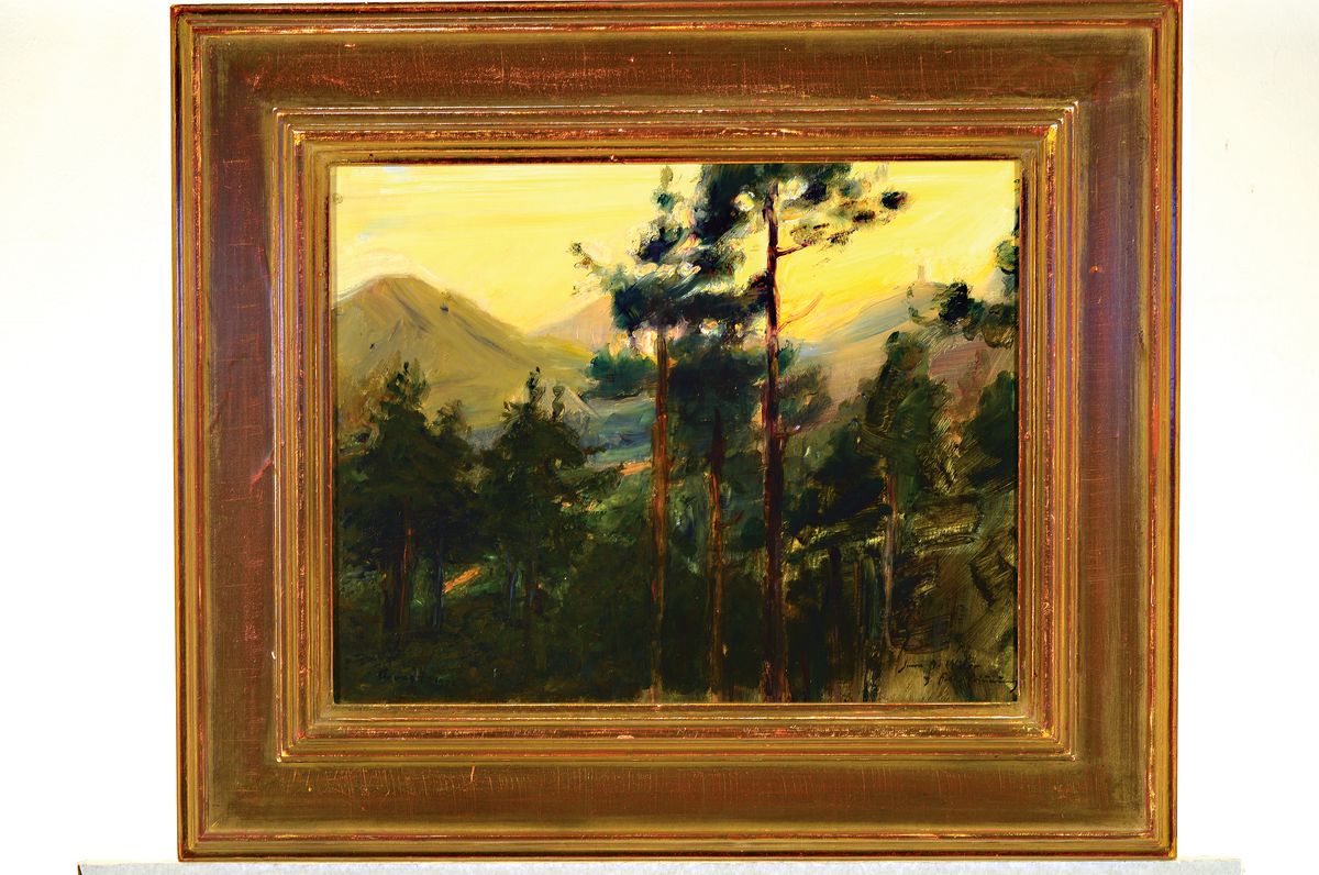 Detail k: Max Slevogt, 1868 Landshut - 1932 Leinsweiler , Sonnenuntergang, Blick auf die Münz von Neukastel aus, Öl/Malkarton, links unten signiert und ...