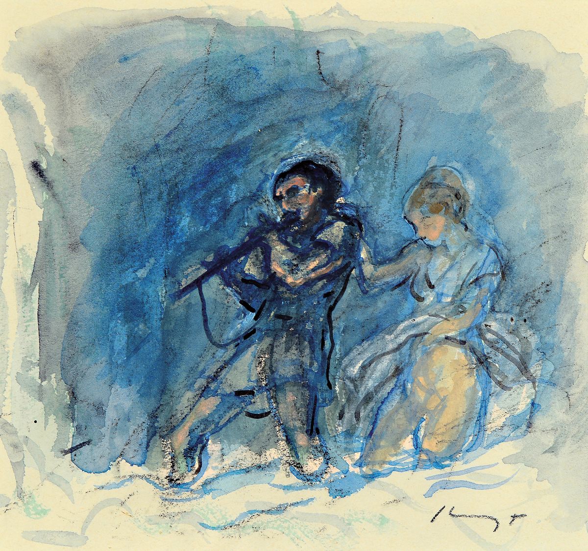 Detail a: Max Slevogt, 1868 Landshut - 1932 Leinsweiler , 2 Handzeichnungen, ausgelassenes Pärchen, aquarelliert und schreitender Geck/Narr mit Instrument, je ...