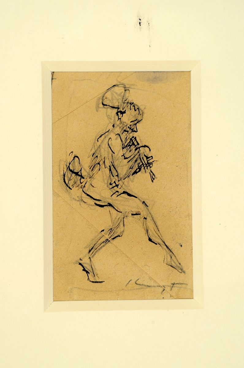 Detail k: Max Slevogt, 1868 Landshut - 1932 Leinsweiler , 2 Handzeichnungen, ausgelassenes Pärchen, aquarelliert und schreitender Geck/Narr mit Instrument, je ...
