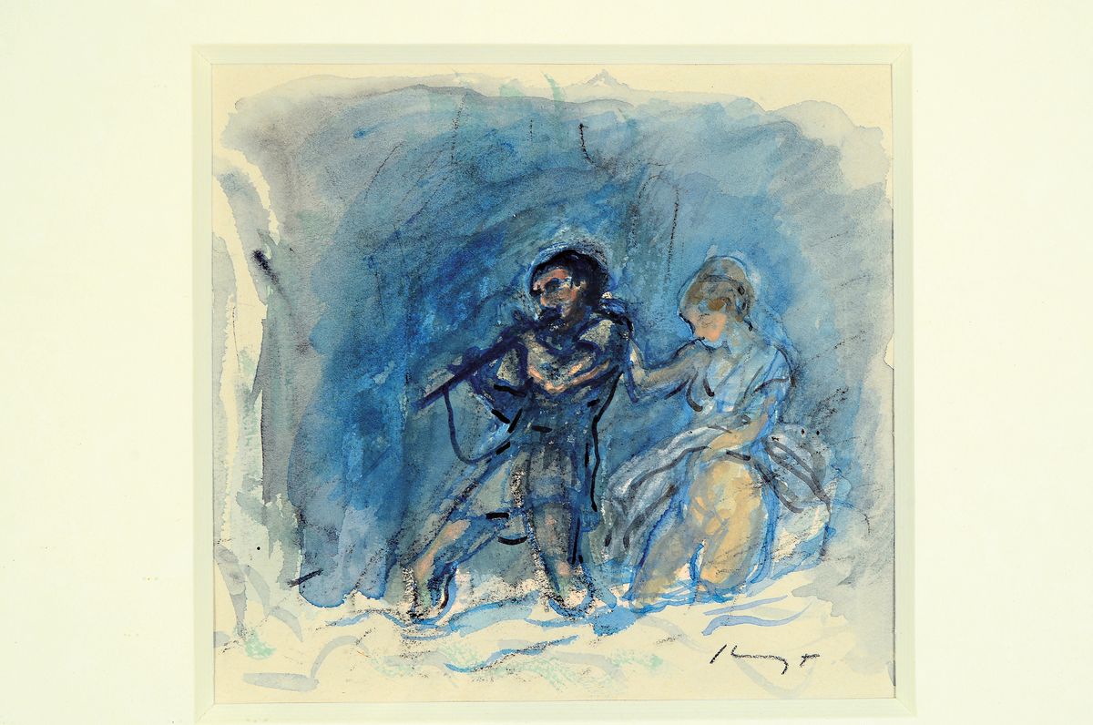 Detail l: Max Slevogt, 1868 Landshut - 1932 Leinsweiler , 2 Handzeichnungen, ausgelassenes Pärchen, aquarelliert und schreitender Geck/Narr mit Instrument, je ...