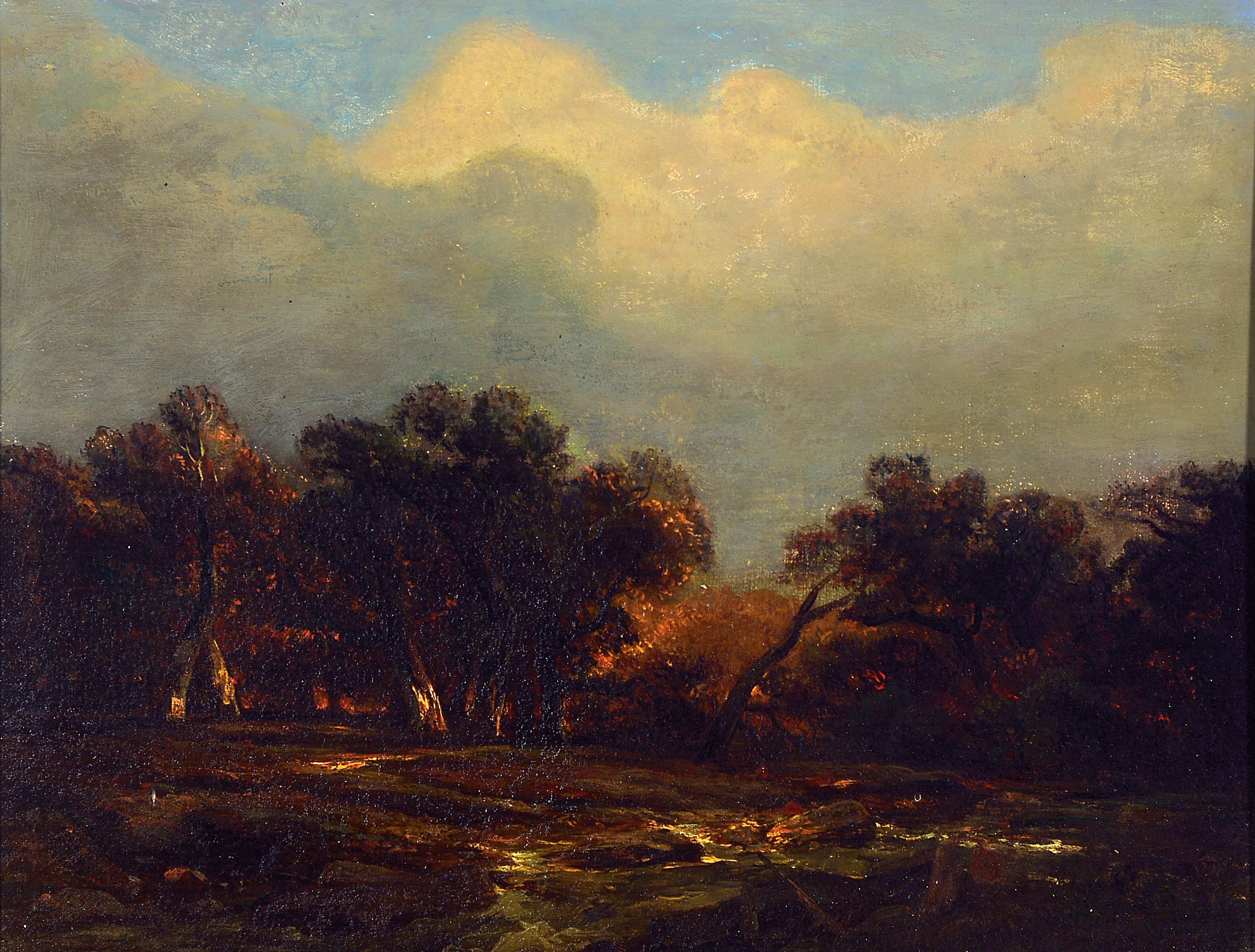 Zuschreibung: Caspar Scheuren, 1810 Aachen -1887 Düsseldorf, herbstliche Waldlandschaftmit Flusslauf, untere Hälfte stärker rest., Öl/Lwd, ...