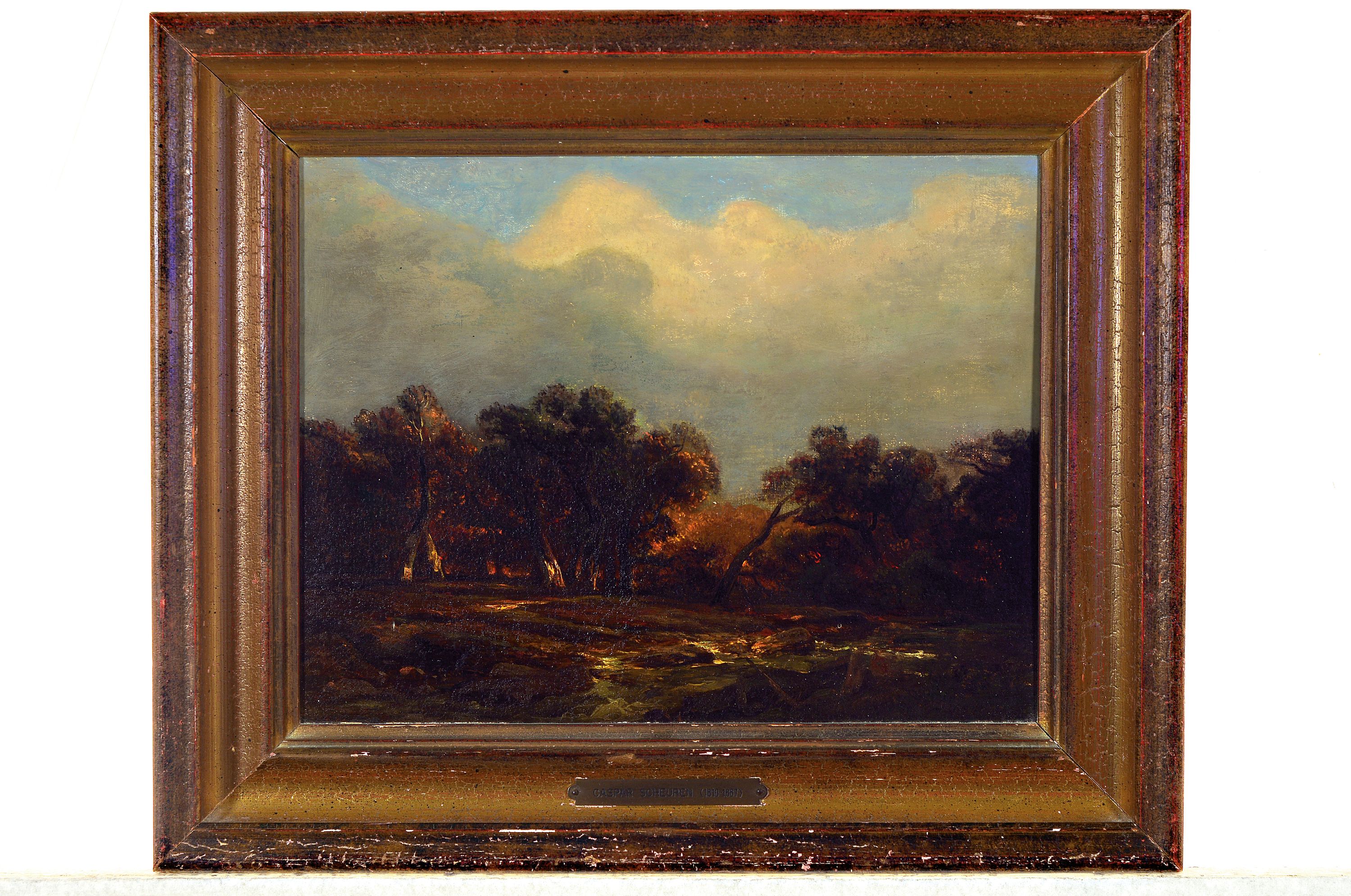 Detail k: Zuschreibung: Caspar Scheuren, 1810 Aachen -1887 Düsseldorf, herbstliche Waldlandschaftmit Flusslauf, untere Hälfte stärker rest., Öl/Lwd, ...