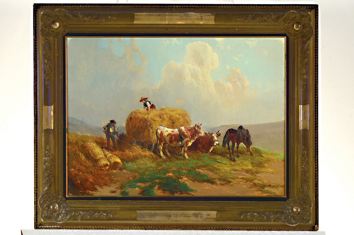 Detail k: Unbekannter Künstler, Ende 19.Jh, Heuernte, Öl/Lwd, unsigniert, restauriert, 42x58 cm, Rahmen 53x74 cm