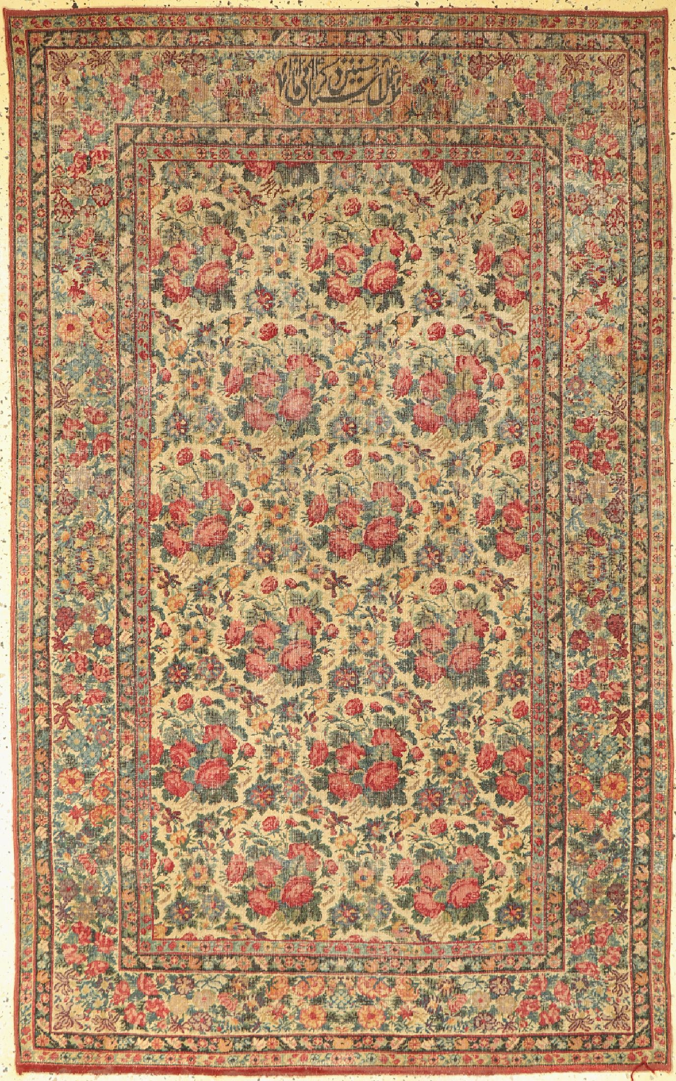 Antiker Kerman Persien, signiert(Ostad Hossein Kermani), datiert 1294(1873), Wolle auf Baumwolle, ca. 210 x 130 cm, EHZ: 3(stellenweise ...
