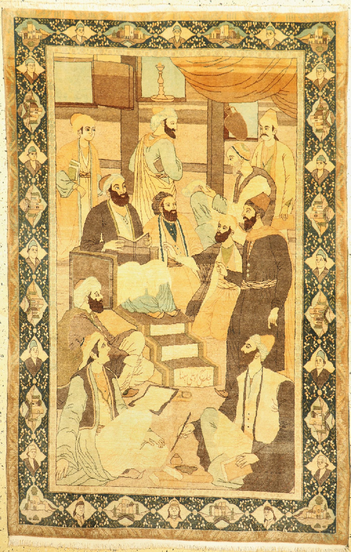Täbriz"Avicenna beim unterrichten", Persien, um 1950, Korkwolle auf Baumwolle, ca.210 x 137cm, EHZ: 1-2.(Madjlese Abu Ali Sina).