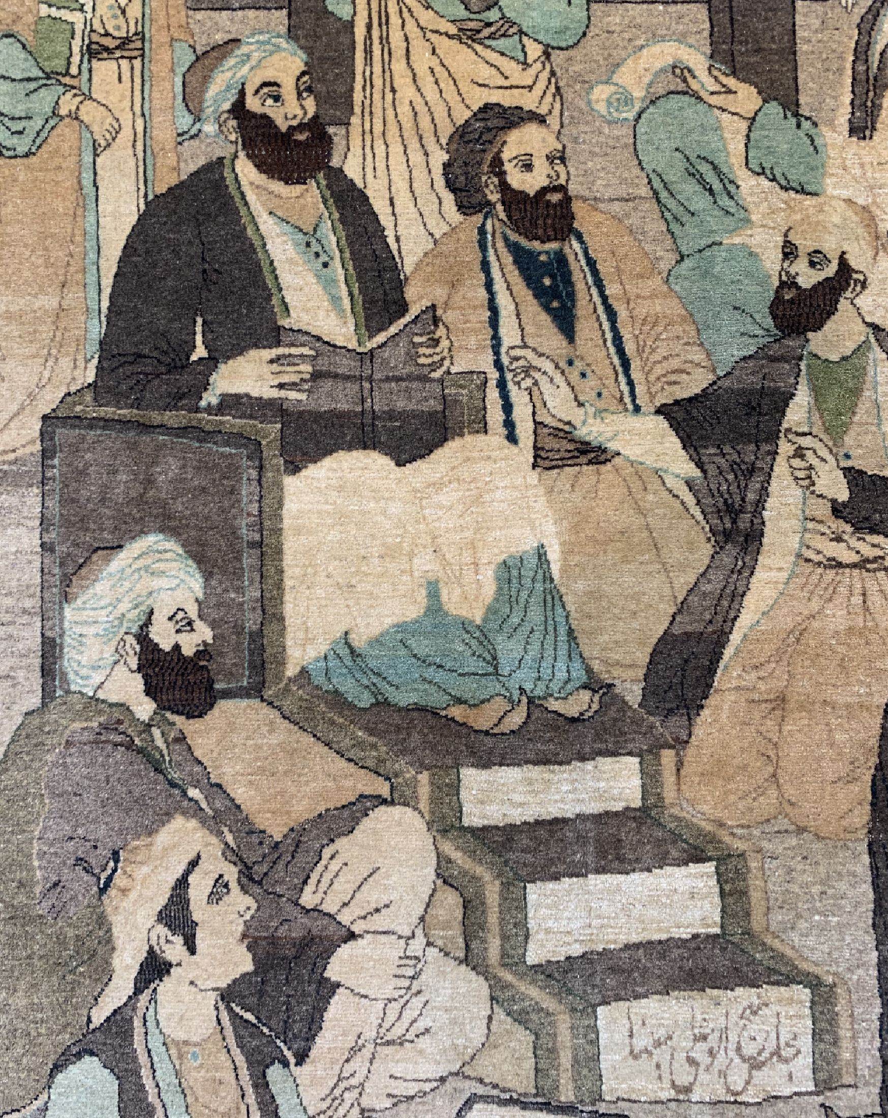 Detail a: Täbriz"Avicenna beim unterrichten", Persien, um 1950, Korkwolle auf Baumwolle, ca.210 x 137cm, EHZ: 1-2.(Madjlese Abu Ali Sina).