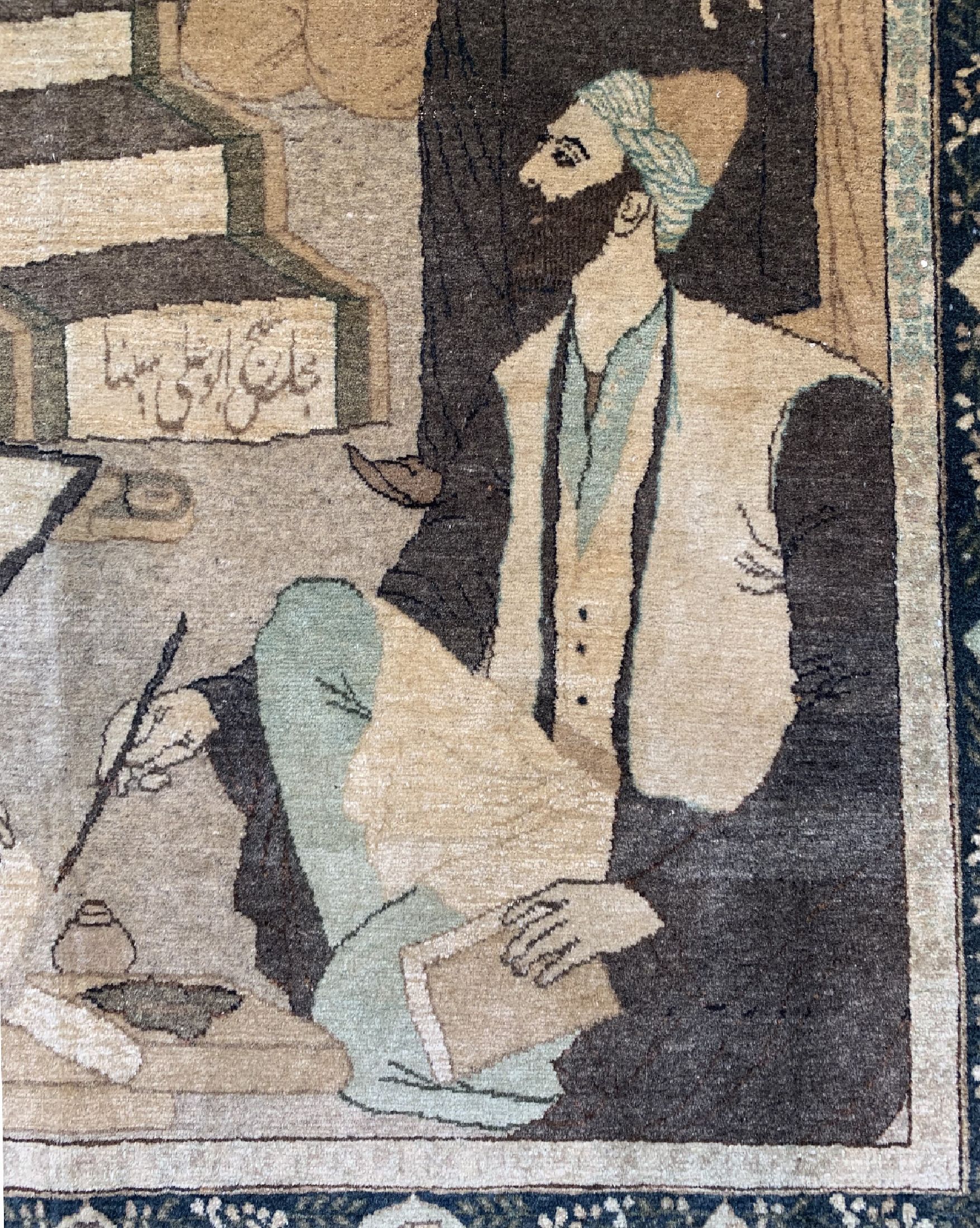 Detail b: Täbriz"Avicenna beim unterrichten", Persien, um 1950, Korkwolle auf Baumwolle, ca.210 x 137cm, EHZ: 1-2.(Madjlese Abu Ali Sina).