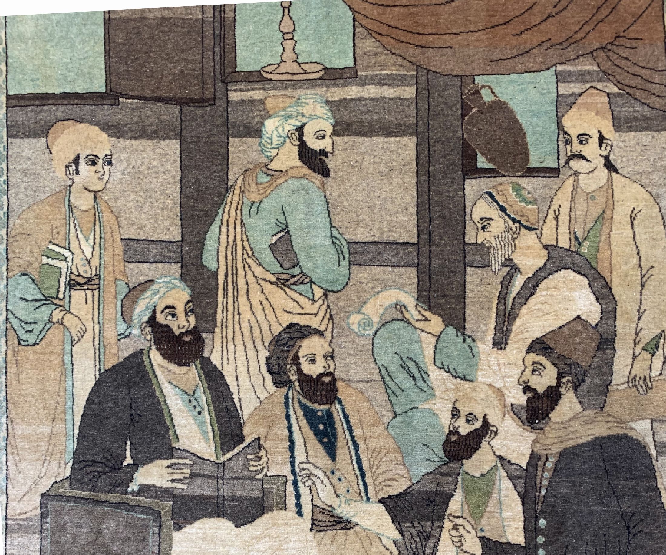 Detail c: Täbriz"Avicenna beim unterrichten", Persien, um 1950, Korkwolle auf Baumwolle, ca.210 x 137cm, EHZ: 1-2.(Madjlese Abu Ali Sina).