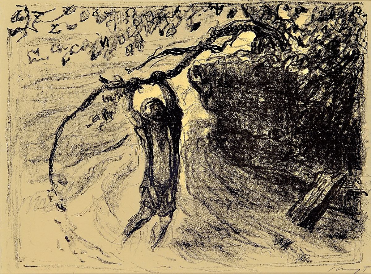 Max Slevogt, 1868 Landshut - 1932 Leinsweiler , Lithographie, "Sindbad zieht sich an einem überhängenden Baumast aus dem Meer ans Land", ...