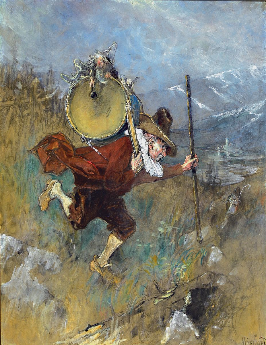 Heinrich Schlitt, 1849 Biebrich am Rhein-1923 München, Auf der Flucht, Musikant in mystischer Landschaft, auf dem Instrument ein Zwerg reitend, Hexe ...