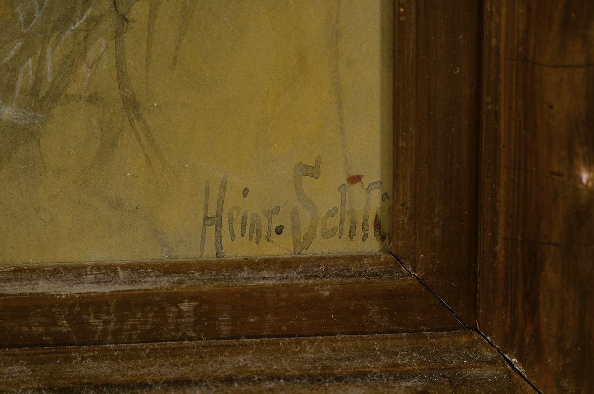 Detail a: Heinrich Schlitt, 1849 Biebrich am Rhein-1923 München, Auf der Flucht, Musikant in mystischer Landschaft, auf dem Instrument ein Zwerg reitend, Hexe ...