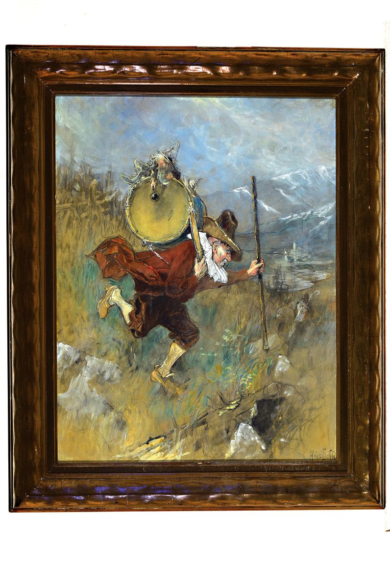 Detail k: Heinrich Schlitt, 1849 Biebrich am Rhein-1923 München, Auf der Flucht, Musikant in mystischer Landschaft, auf dem Instrument ein Zwerg reitend, Hexe ...