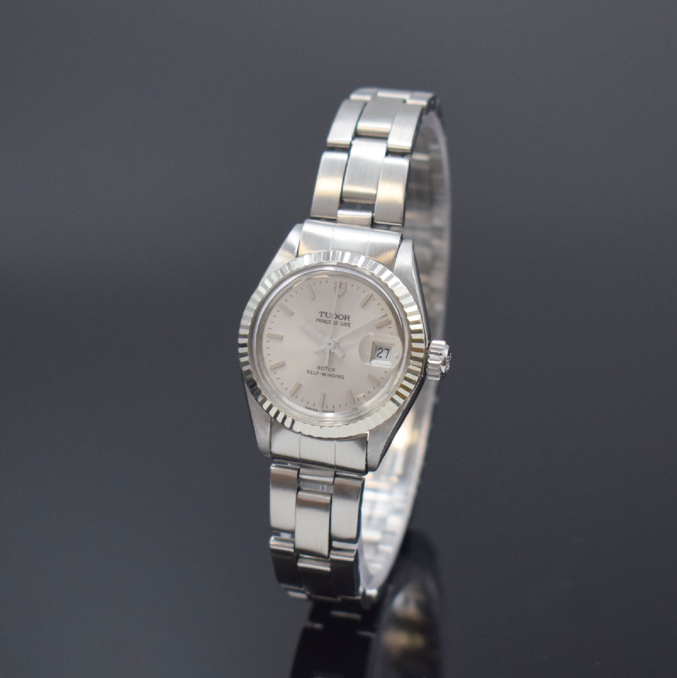 TUDOR Princess Date Damenarmbanduhr Referenz 7637/4, Schweiz um 1975, Automatik, verschr. Rolex Oyster-Gehäuse mit WG-Lünette,Rolex Oysterband m. ...