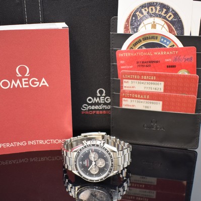 Image 26669982 - OMEGA Apollo Soyuz Speedmaster Professional limited gents wristwatch with chronograph reference 31130423099001, Switzerland, manual winding, stainless steel case, bezel with tachymeter-scale, 2-color meteorite-dial, bracelet with deployant clasp, case back with appropriate symbolism screwed-down, diameter approx. 42 mm, length approx. 21 cm, original papers and Omega box enclosed, condition 1-2