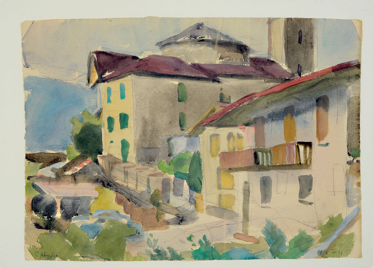 Erich Hartmann, 1886 - 1974, Landschaft mit Häusern, Aquarell auf Ingres-Papier mit Wasserzeichen, auf der Rückseite Stempel "Stempel Nachlass ...