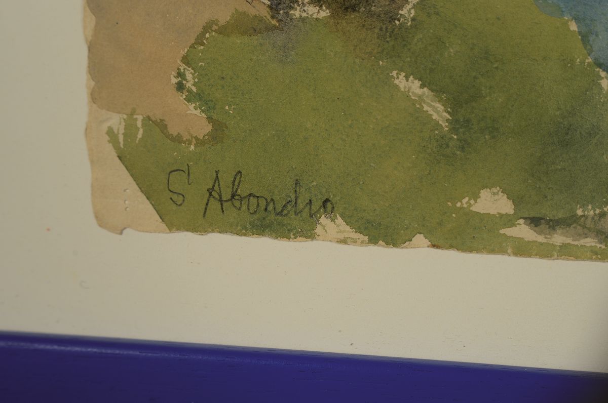 Detail a: Erich Hartmann, 1886 - 1974, Landschaft mit Häusern, Aquarell auf Ingres-Papier mit Wasserzeichen, auf der Rückseite Stempel "Stempel Nachlass ...