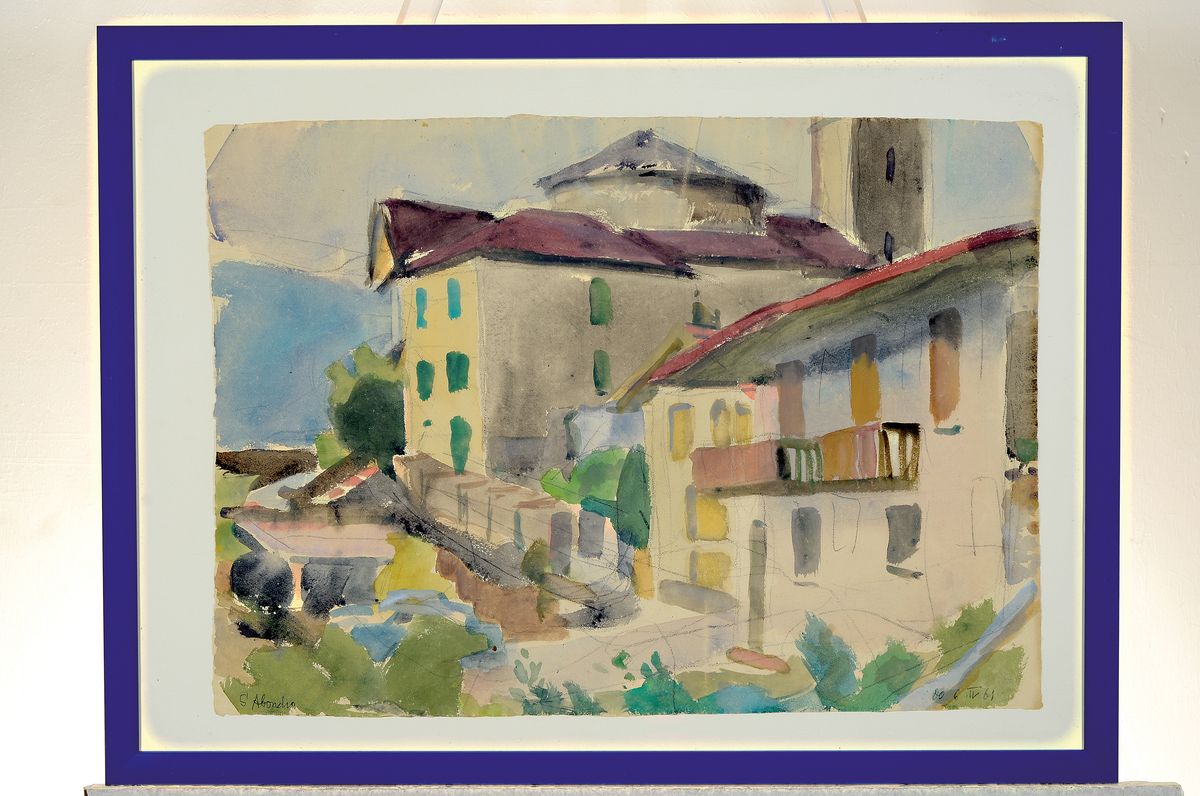 Detail k: Erich Hartmann, 1886 - 1974, Landschaft mit Häusern, Aquarell auf Ingres-Papier mit Wasserzeichen, auf der Rückseite Stempel "Stempel Nachlass ...