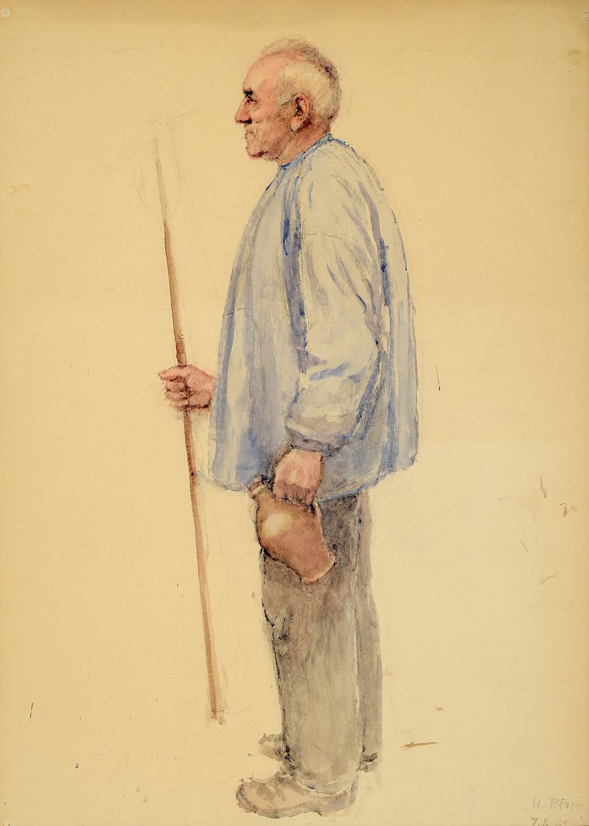 Heinrich Pforr, 1880 Laudenbach-1970 Hann .Münden, aquarellierte Zeichnung, Bauer mit Stock und Krug im Profil, signiert und datiert (19)65, ...