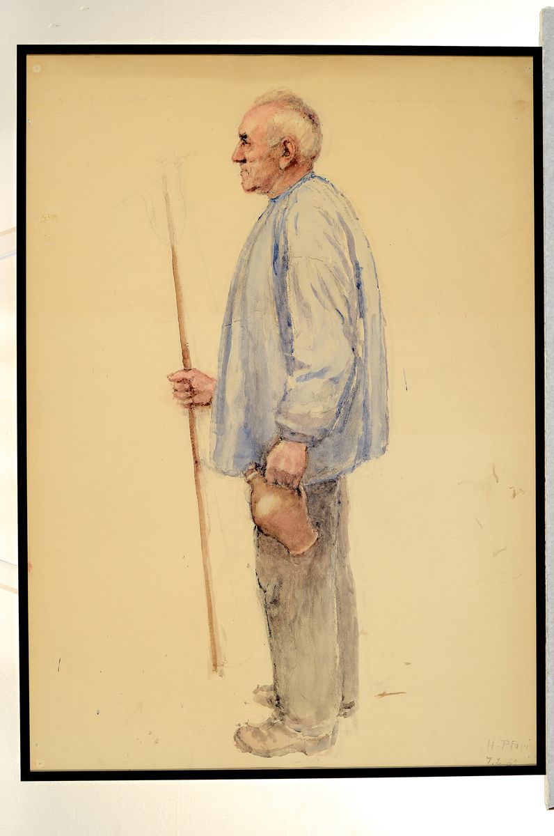 Detail k: Heinrich Pforr, 1880 Laudenbach-1970 Hann .Münden, aquarellierte Zeichnung, Bauer mit Stock und Krug im Profil, signiert und datiert (19)65, ...