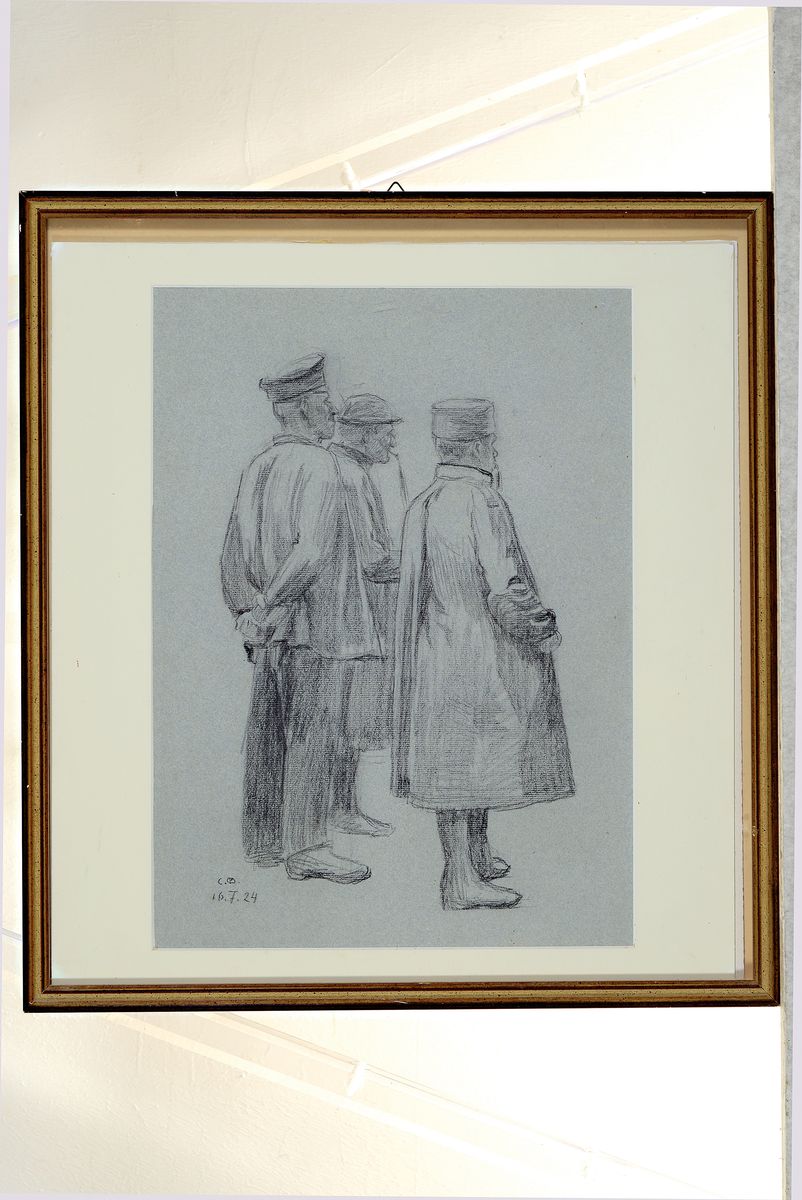 Detail k: Carl Bantzer, 1857 Ziegenhain-1941 Marburg, Bleistiftzeichnung auf grauem Papier, 3 Herren in Rückansicht, links unten monogrammiert und datiert ...