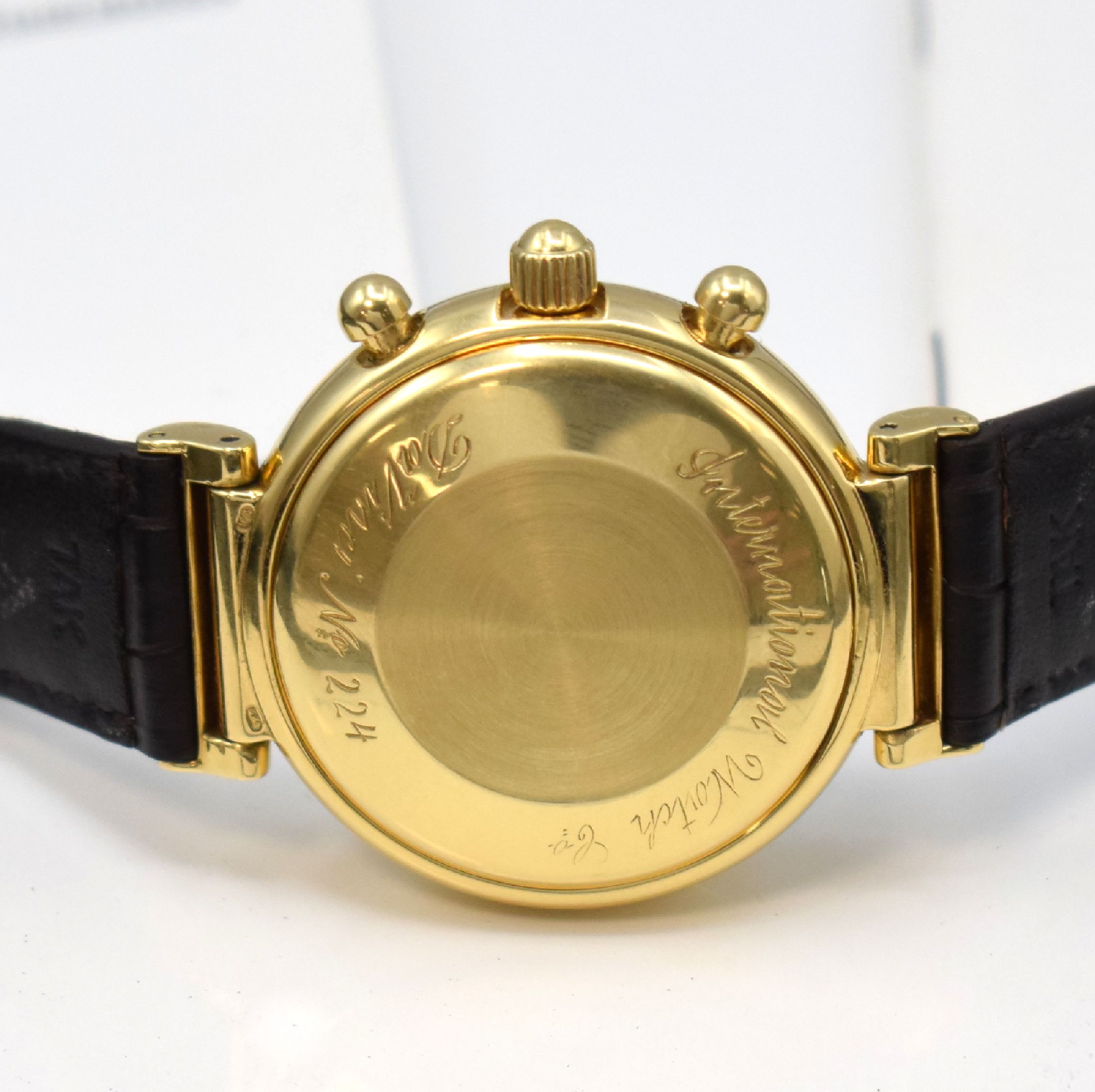 Detail e: IWC astronomische Herrenarmbanduhr Da Vinci mit ewigem Kalender und Chronograph Ref. 3750, Schweiz um 1990, Automatik, 2-teil. Geh., Boden aufgedr., ...