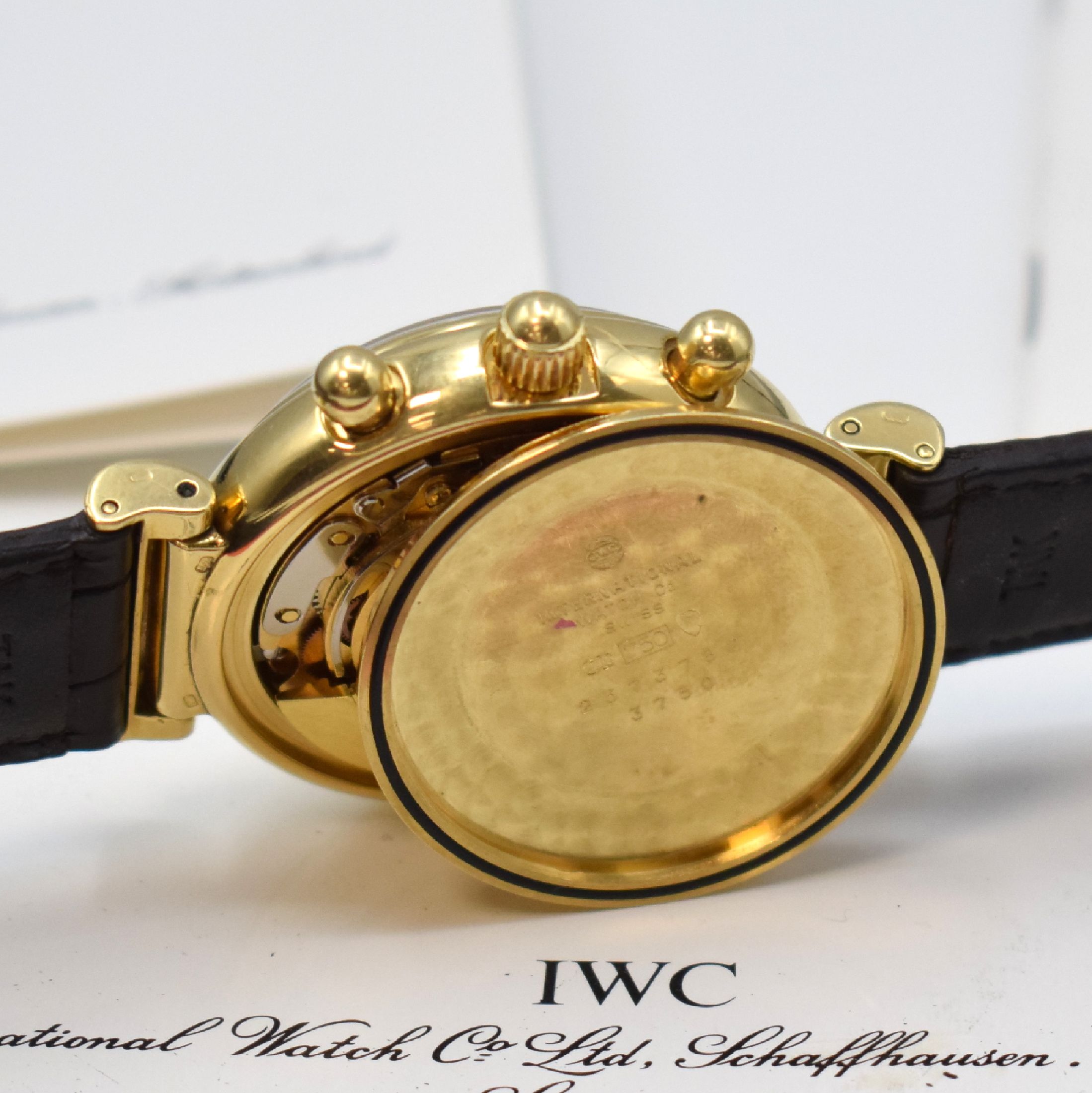 Detail h: IWC astronomische Herrenarmbanduhr Da Vinci mit ewigem Kalender und Chronograph Ref. 3750, Schweiz um 1990, Automatik, 2-teil. Geh., Boden aufgedr., ...