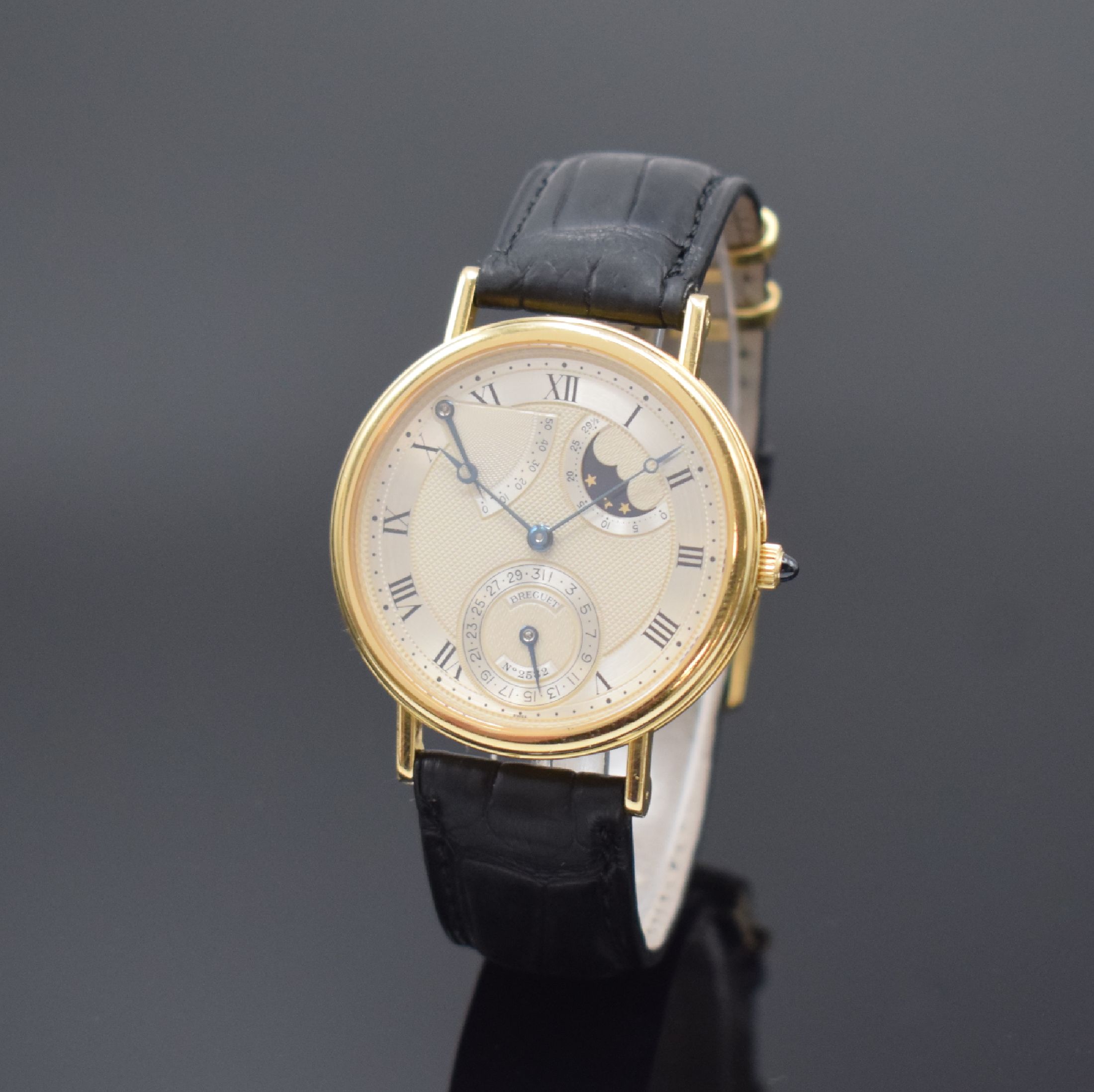 BREGUET Classique feine Herrenarmbanduhr in GG 750/000 mit Gangreserve und Mondphase Referenz 3130, Schweiz um 2000, Automatik, 3-teiliges Gehäuse, ...