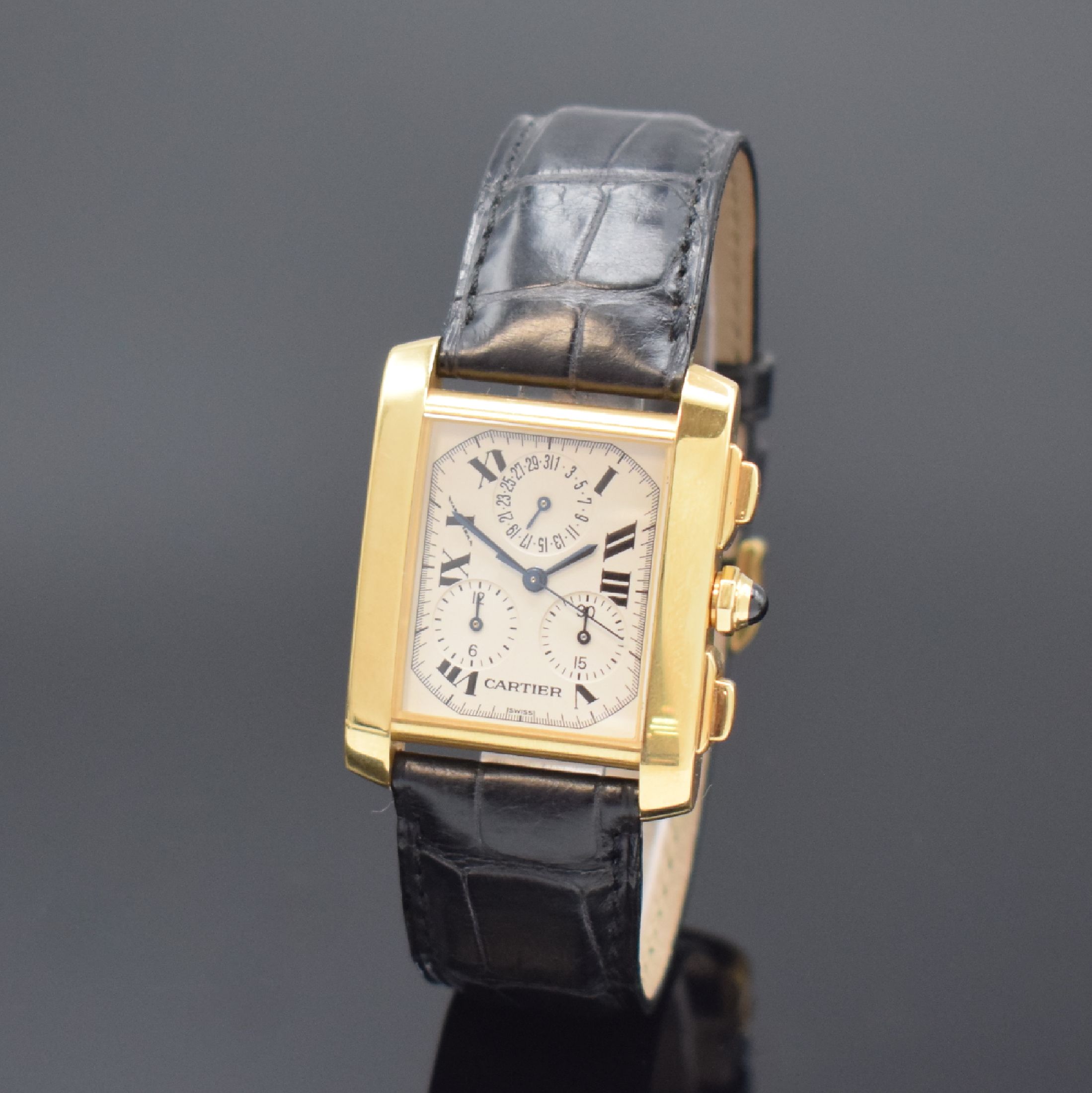 CARTIER Tank Francaise Armbandchronograph in GG 750/000 Referenz 1830, Schweiz um 2005, quarz, 2-teil. Gehäuse, Boden 4-fach verschr., orig. ...