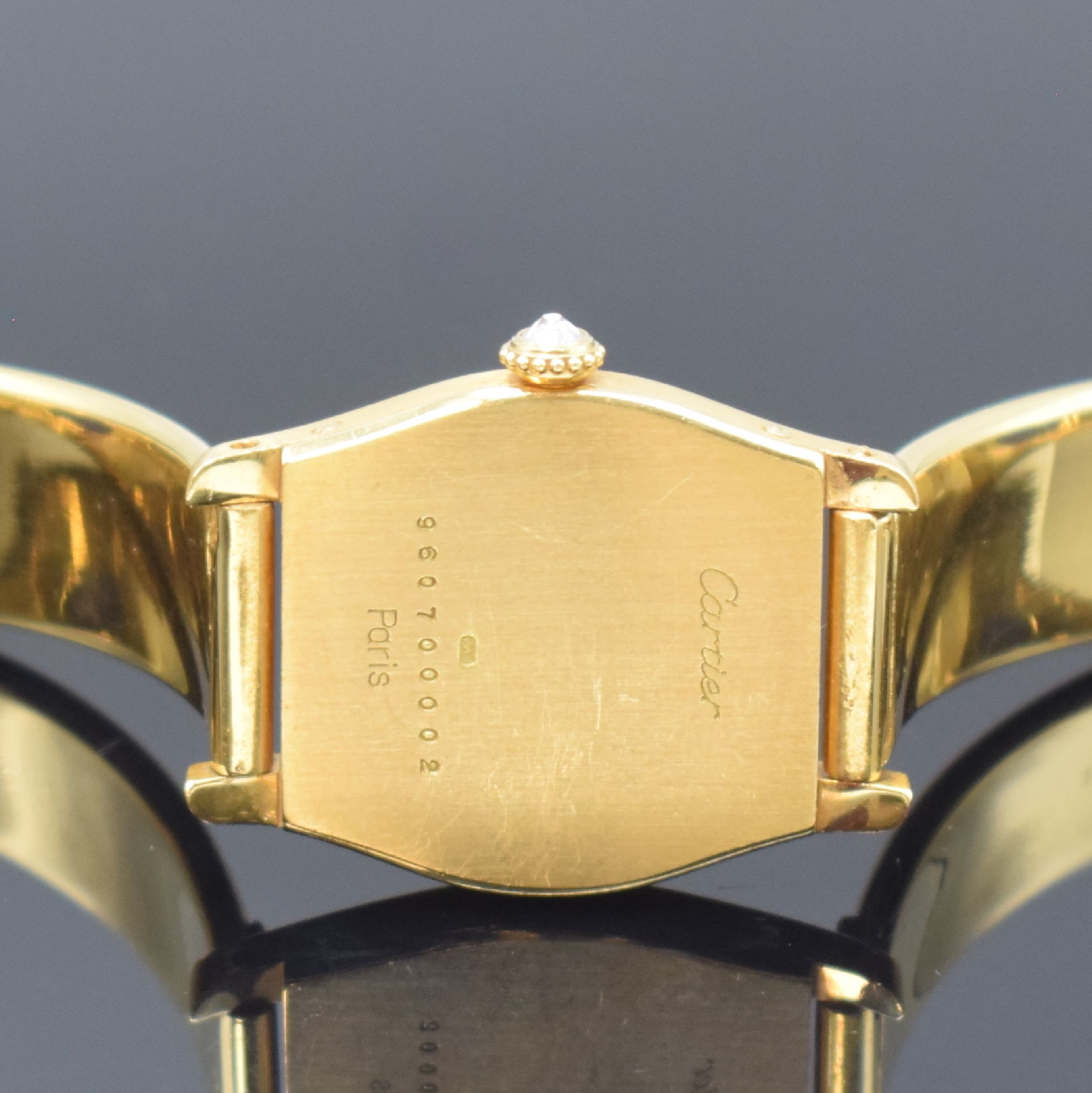 Detail e: CARTIER Paris seltene Damenarmbanduhr aus der Tortue Kollektion in GG 750/000 mit Diamantenbesatz, Frankreich/Schweiz um 1985, Handaufzug, 2-teil. ...