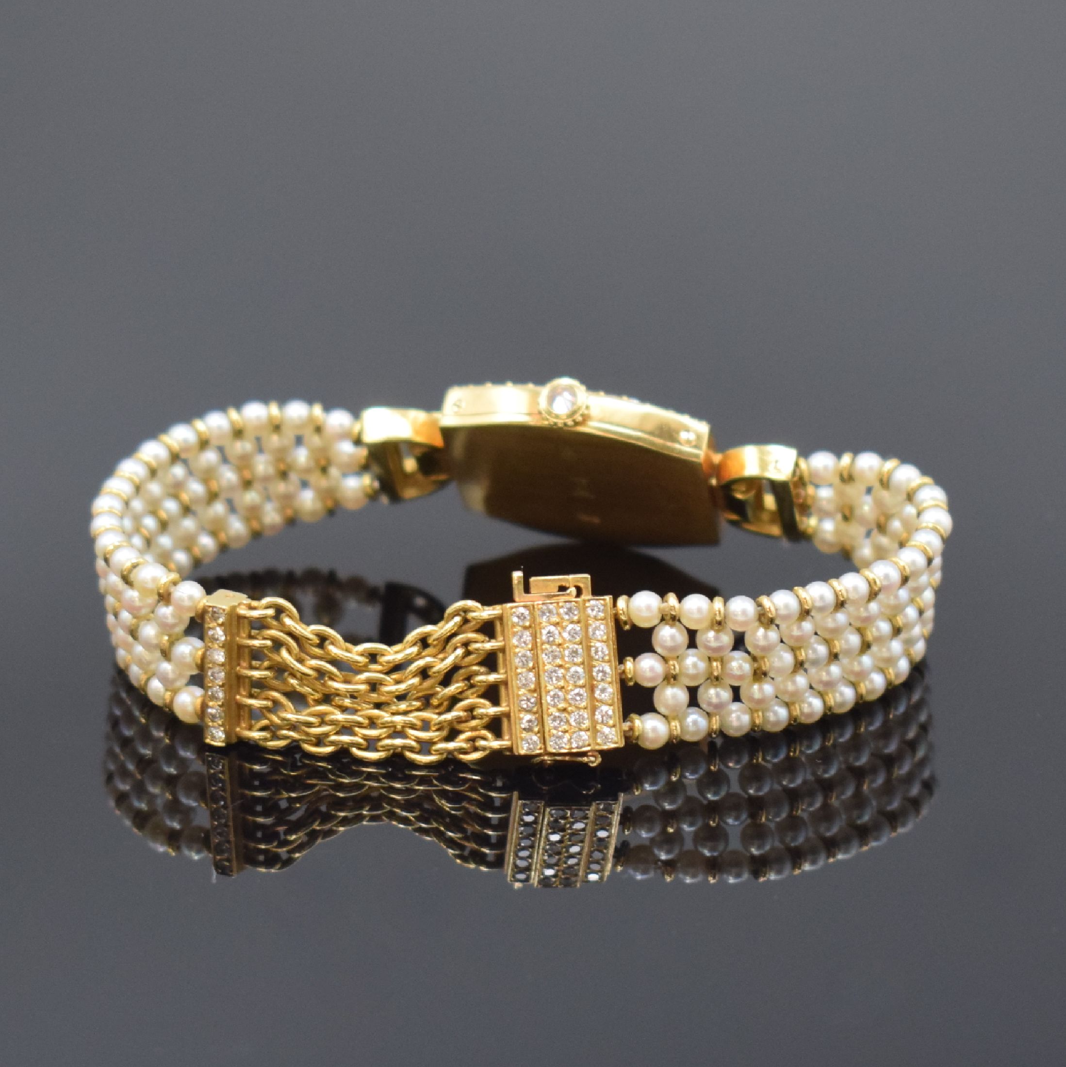 Detail b: CARTIER sehr seltene und ausgefallene Damenarmbanduhr in GG 750/000 mit Perlenband und Diamanten, Schweiz um 1985, Handaufzug, 2-teil. Gehäuse, ...