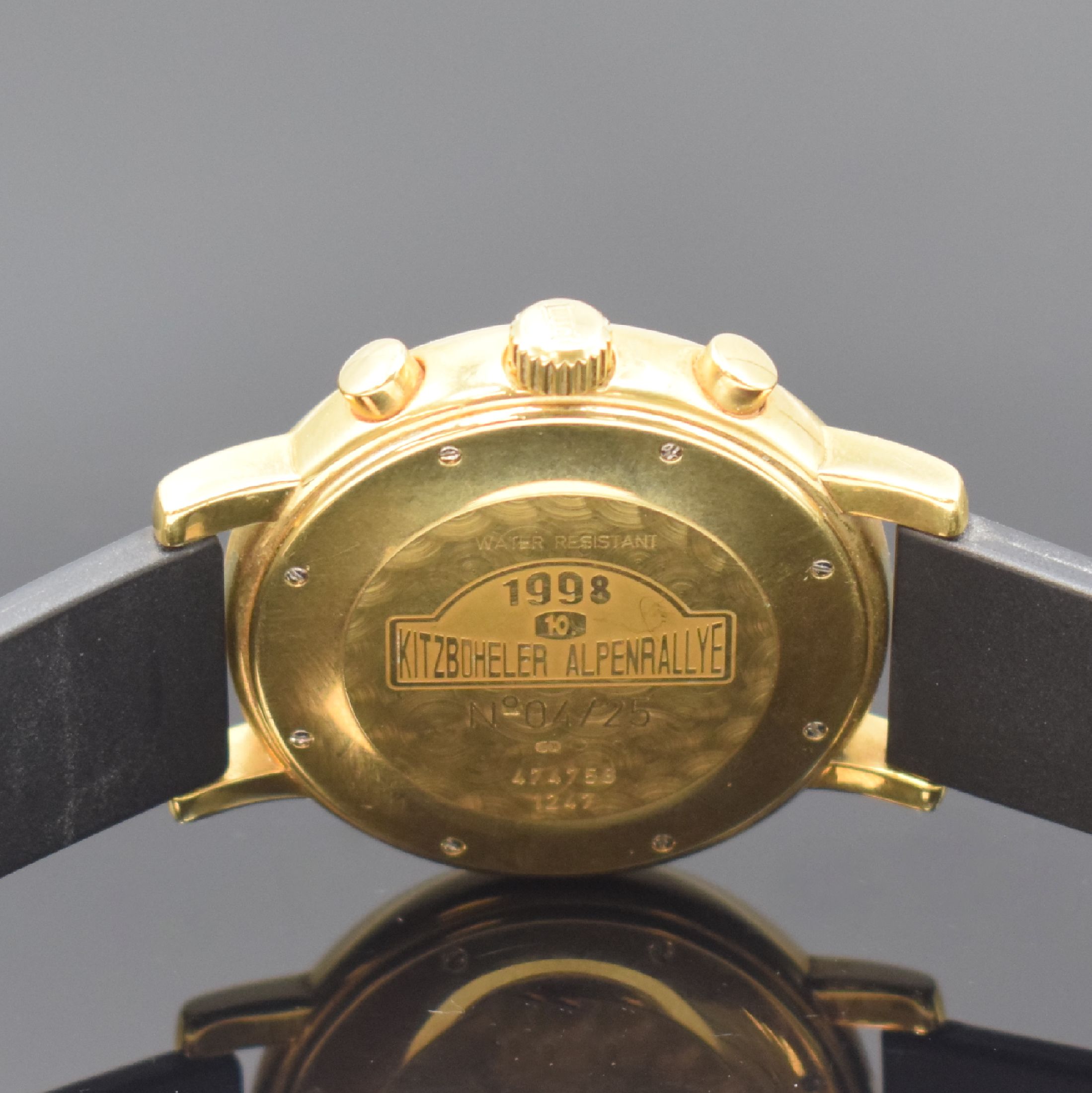 Detail d: CHOPARD auf 25 Stück limitierter Armbandchronograph zur 10. Kitzbüheler Alpenrallye in GG 750/000, Schweiz um 1998, Automatik, orig. Kautschukband ...