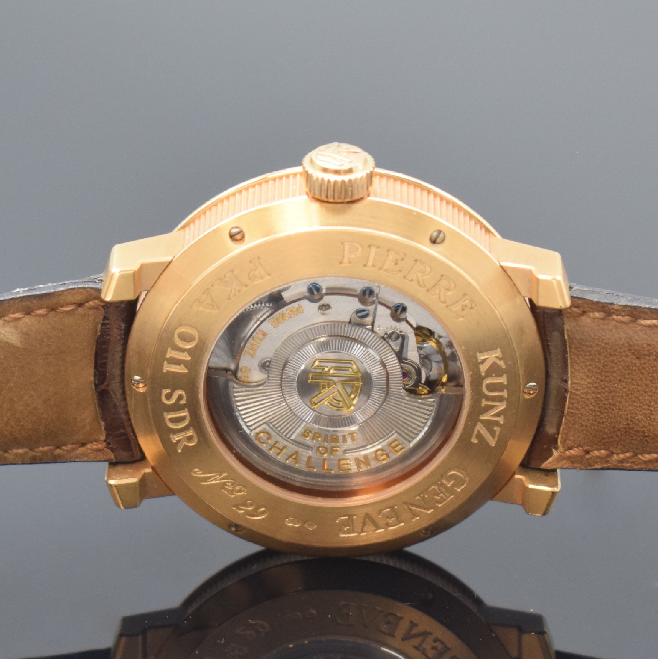 Detail d: PIERRE KUNZ Spirit of Challenge Herrenarmbanduhr in RoseG 750/000 Referenz PKA011 SDR, Schweiz um 2005, Automatik, beids. vergl. Geh. inkl. orig. ...