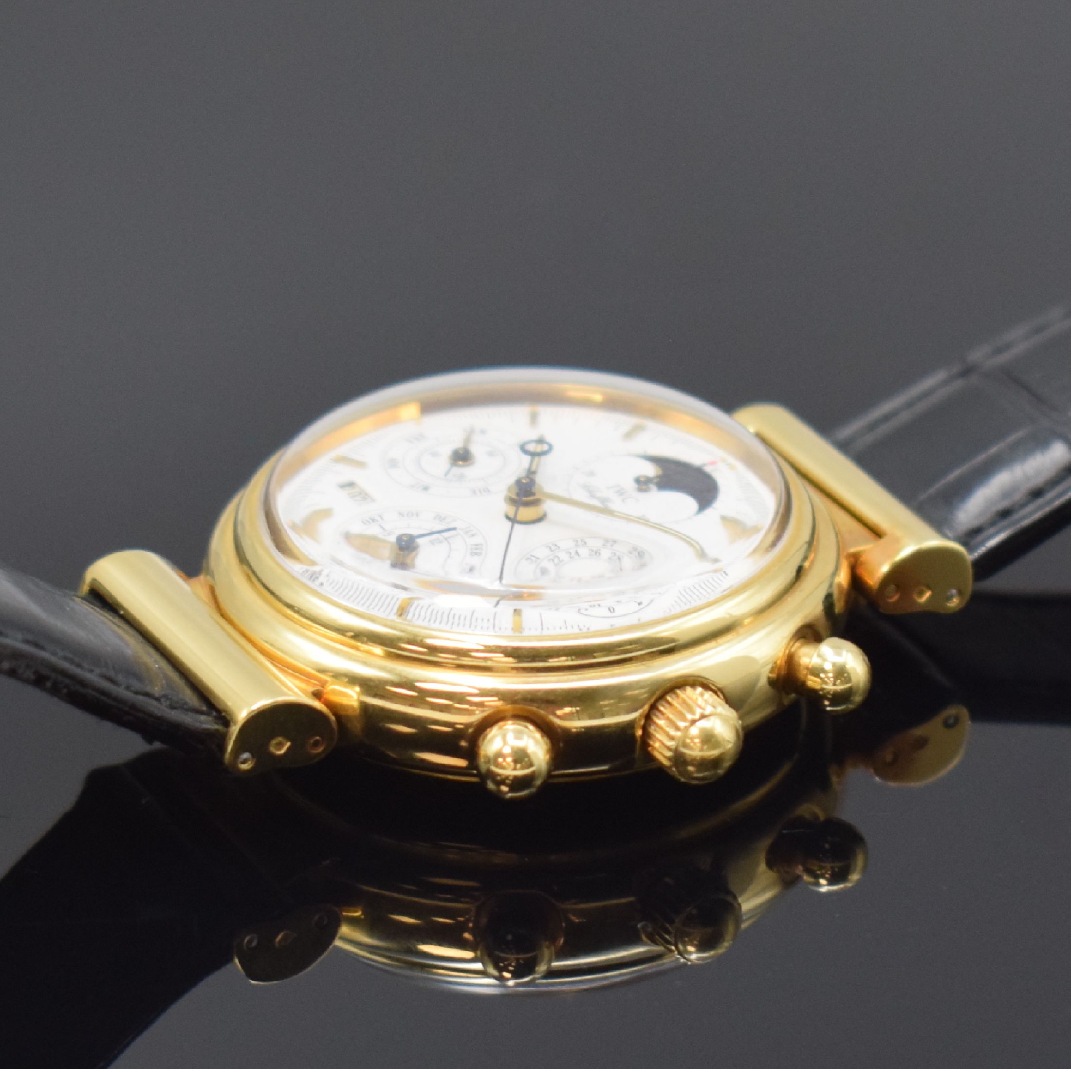 Detail d: IWC feiner astronomischer Armbandchronograph Modell Da Vinci mit ewigem Kalender Referenz 3750 in GG 750/000, Schweiz um 1990, Automatik, orig. ...