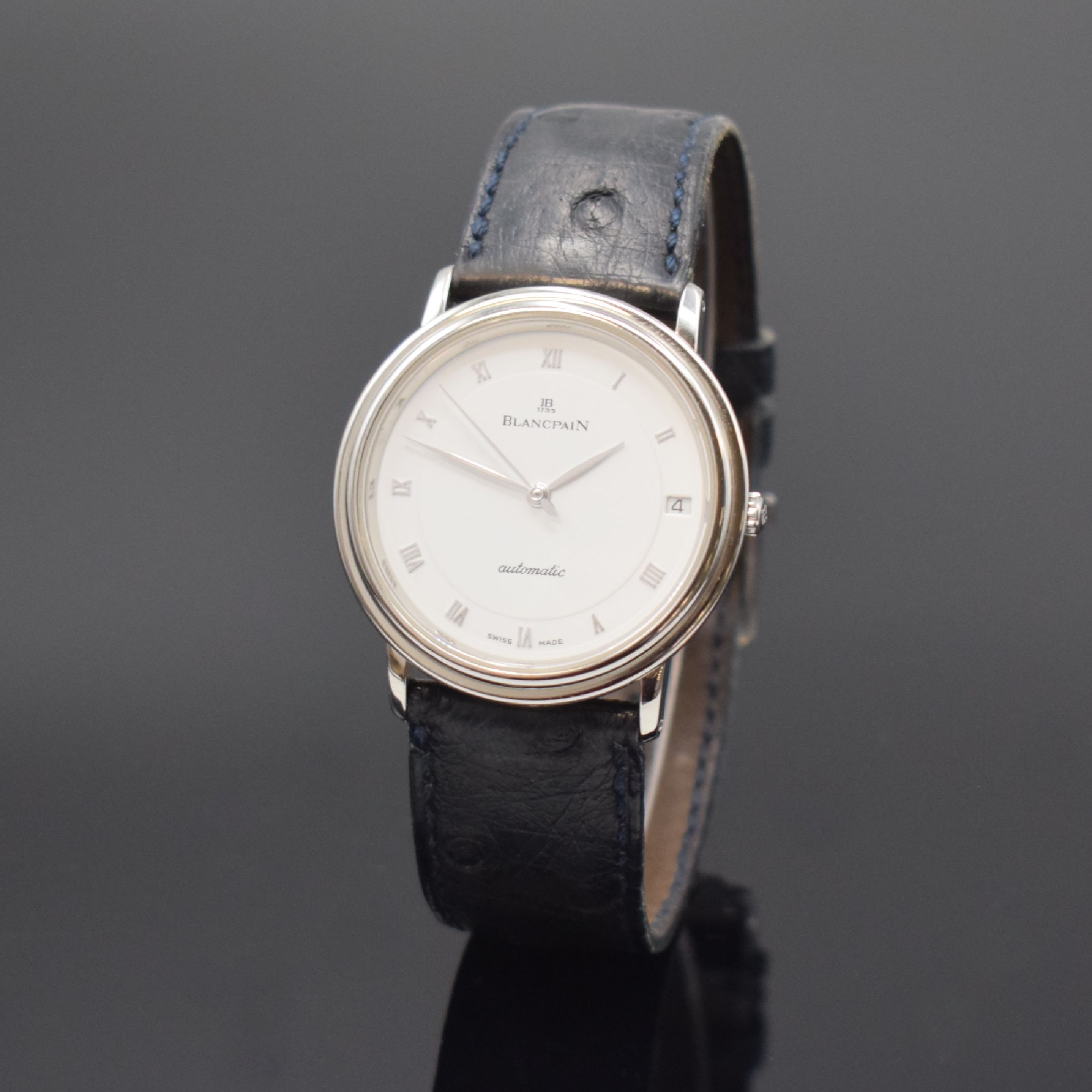 BLANCPAIN Damenarmbanduhr Villeret in Stahl, Schweiz um 1995, Automatik, 2-tlg. Geh. inkl. orig. Lederband m. orig. Dornschl., Glasrand u. Boden ...