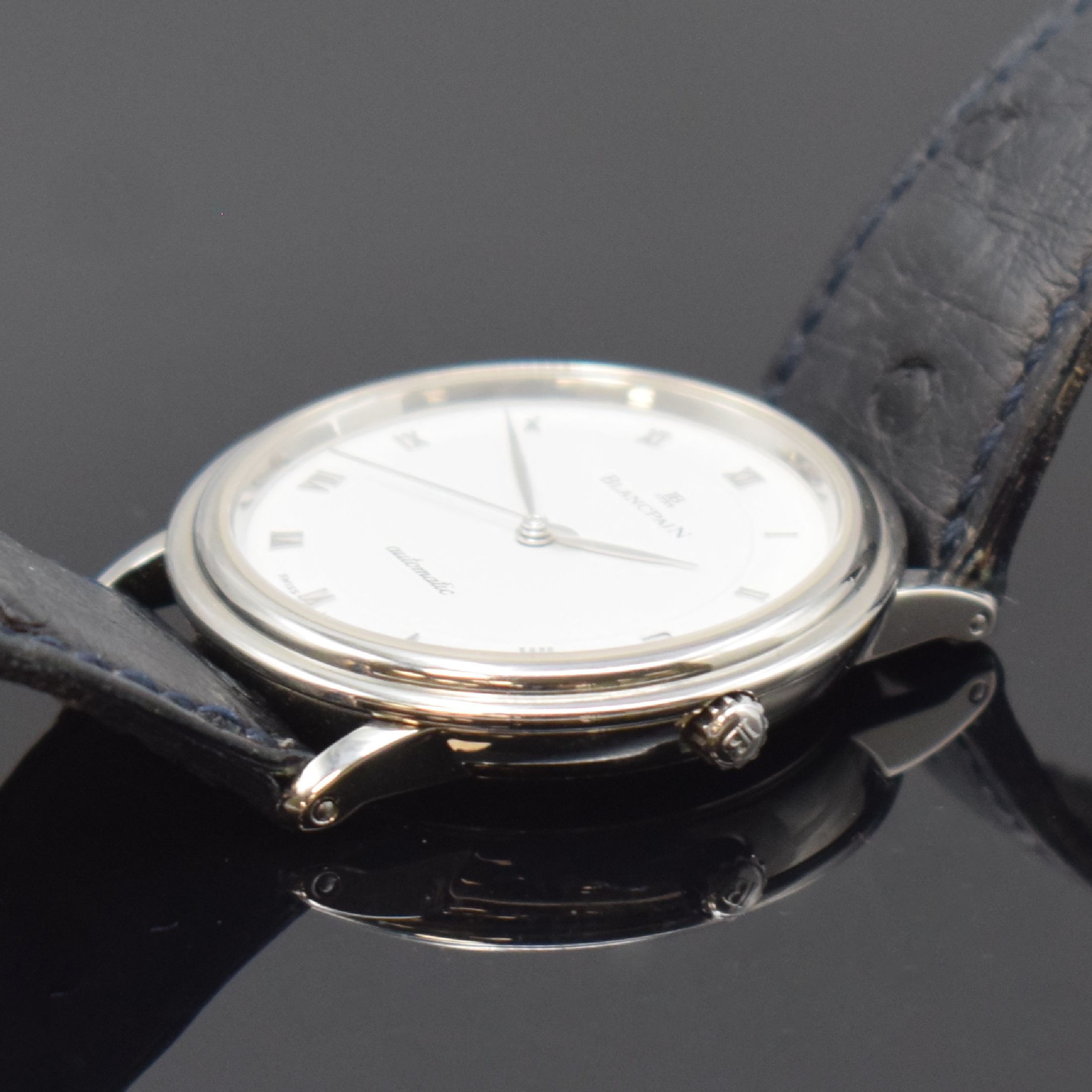 Detail c: BLANCPAIN Damenarmbanduhr Villeret in Stahl, Schweiz um 1995, Automatik, 2-tlg. Geh. inkl. orig. Lederband m. orig. Dornschl., Glasrand u. Boden ...